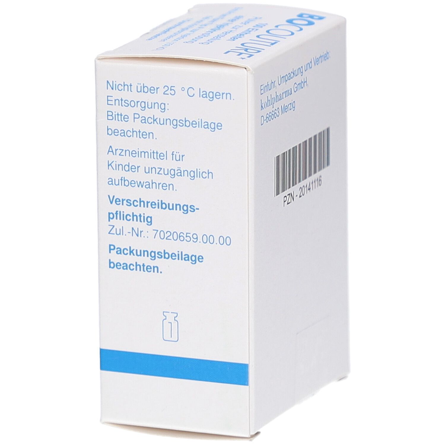 Weiße Faltschachtel mit Text. Nicht über 25°C lagern. Zul.-Nr.: 7020659.00.00. Blaue Linie.