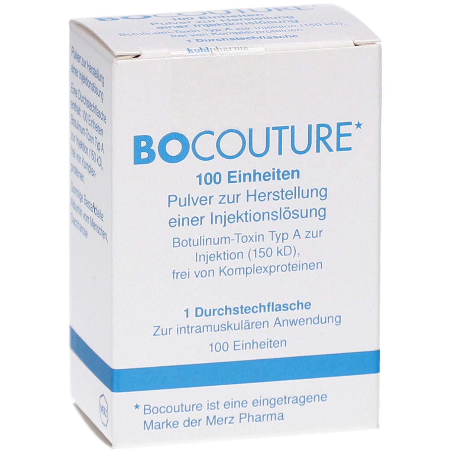 Weiße Faltschachtel mit blauer Schrift. BOCOUTURE, 100 Einheiten. Pulver zur Herstellung einer Injektionslösung. Merz Pharma Logo.