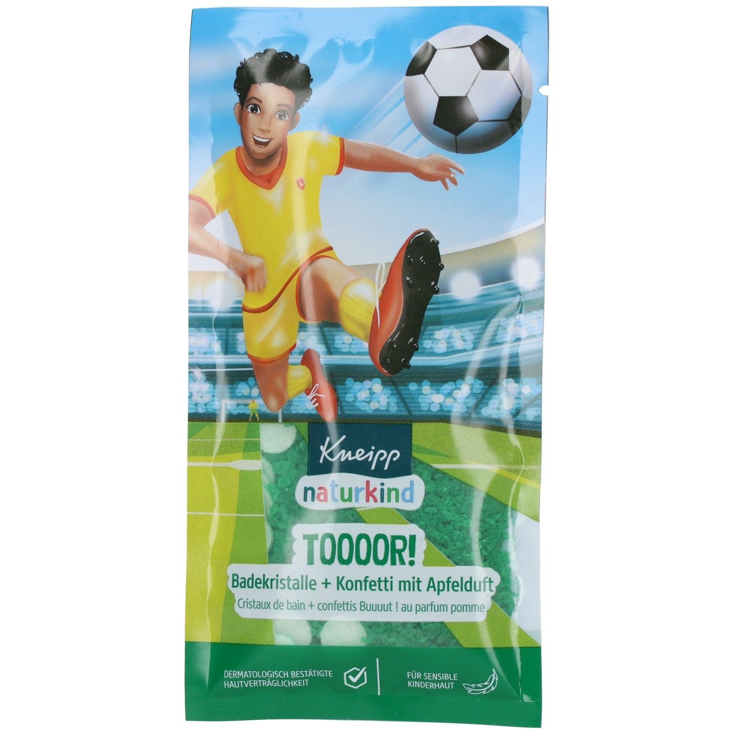 Verpackung mit Badekristallen und Konfetti. Abbildung eines Fußballspielers. Text: Kneipp naturkind TOOOOR! Badekristalle + Konfetti mit Apfelduft.