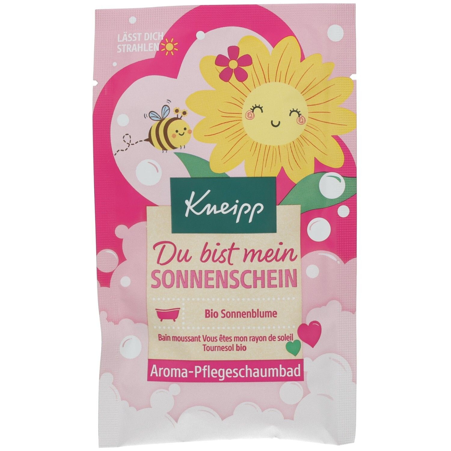 Rosa Verpackung mit Sonnenblumen-Illustration und Text. Enthält Kneipp-Logo und Produktbezeichnung: Aroma-Pflegeschaumbad.