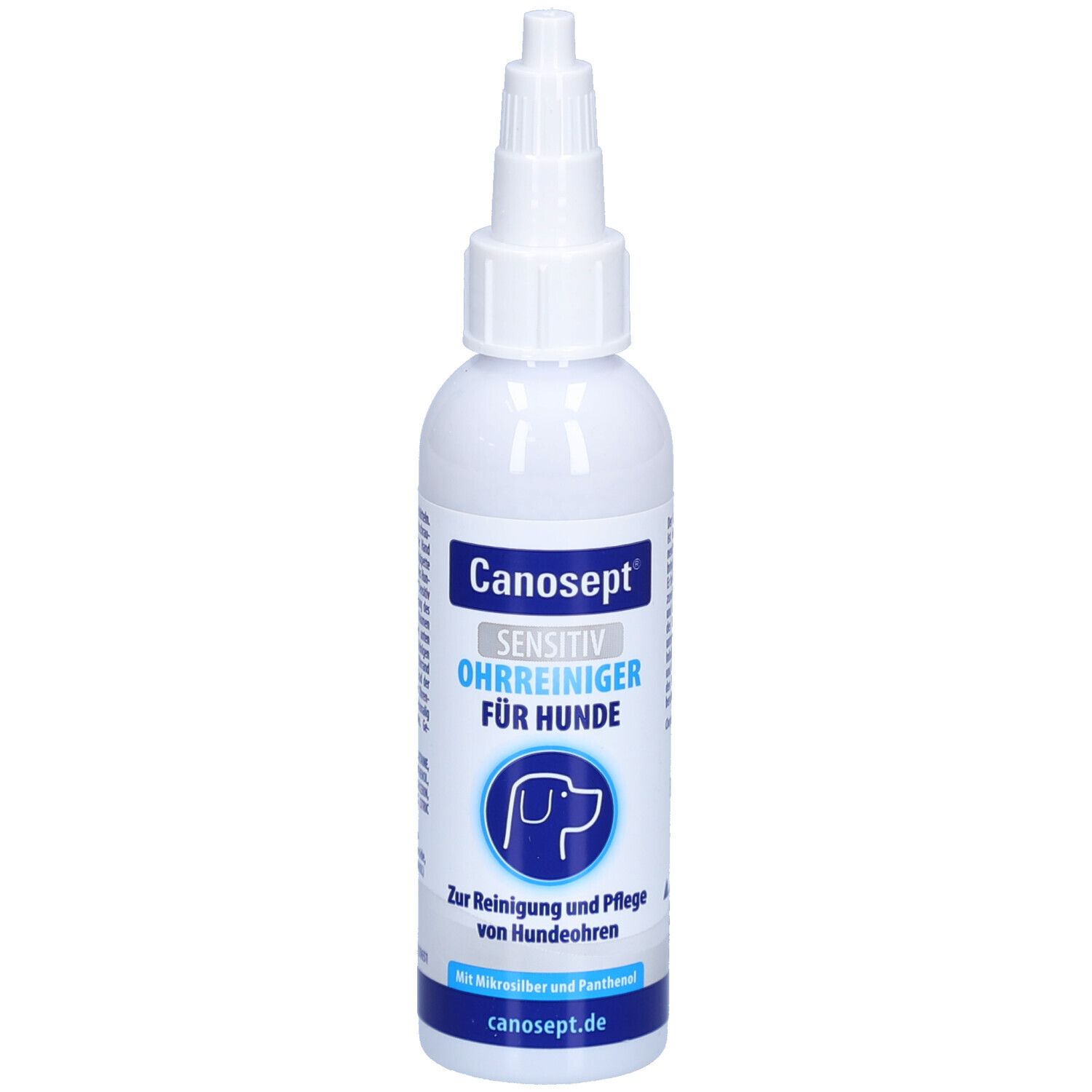 Weiße Flasche mit blau-weißer Beschriftung. Enthält Ohrreiniger für Hunde. Mit Dosierspitze.