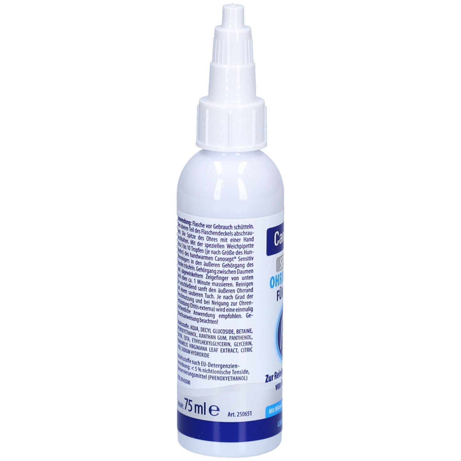 Weiße Flasche mit Produktinformationen auf der Rückseite. Enthält Ohrreiniger für Hunde.