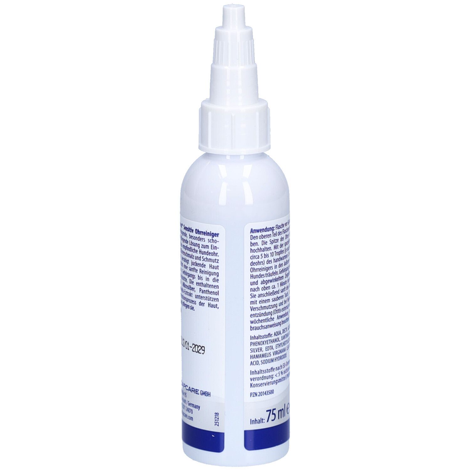 Weiße Flasche mit Produktinformationen auf der Rückseite. Enthält Ohrreiniger für Hunde.