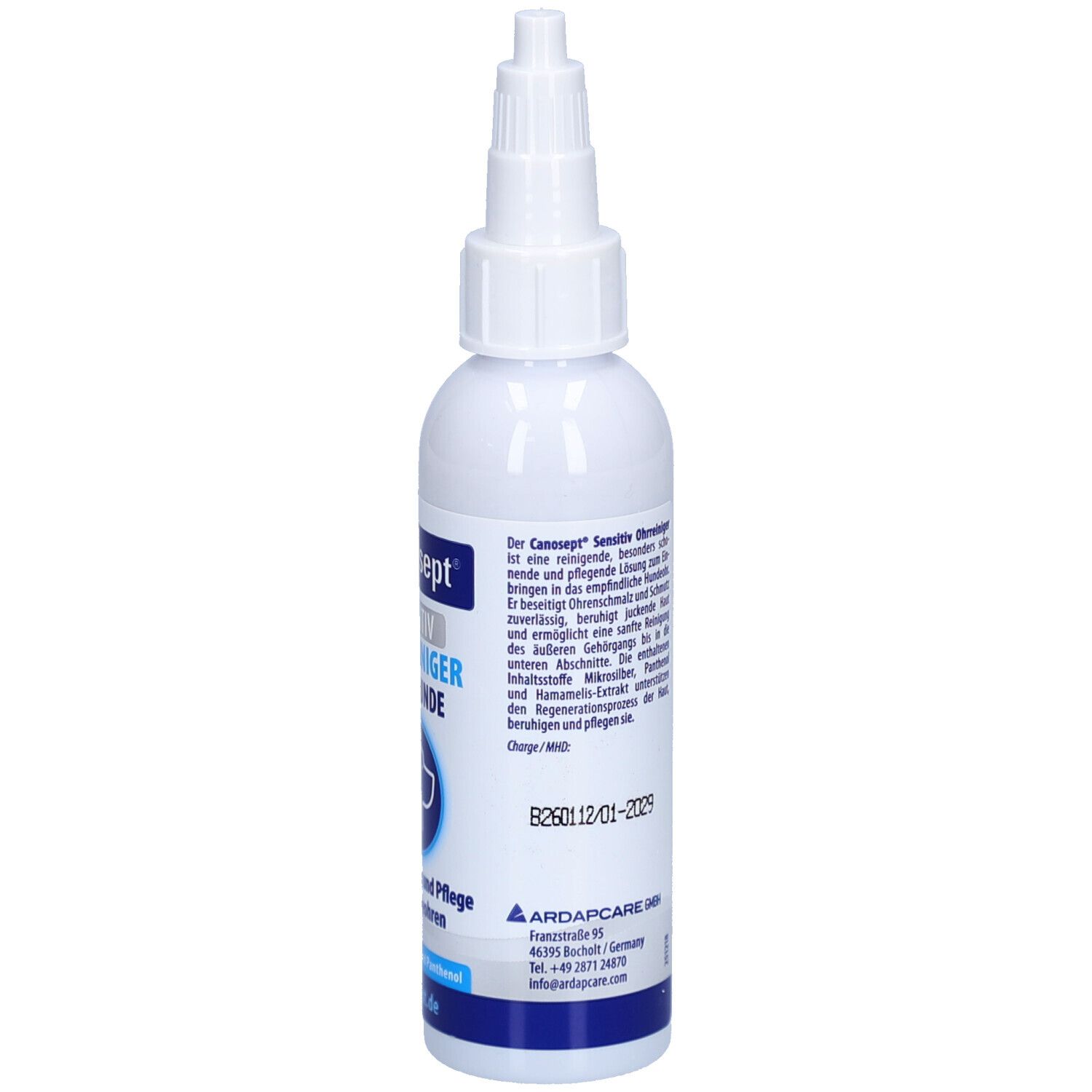 Weiße Flasche mit Produktinformationen auf der Rückseite. Enthält Ohrreiniger für Hunde.