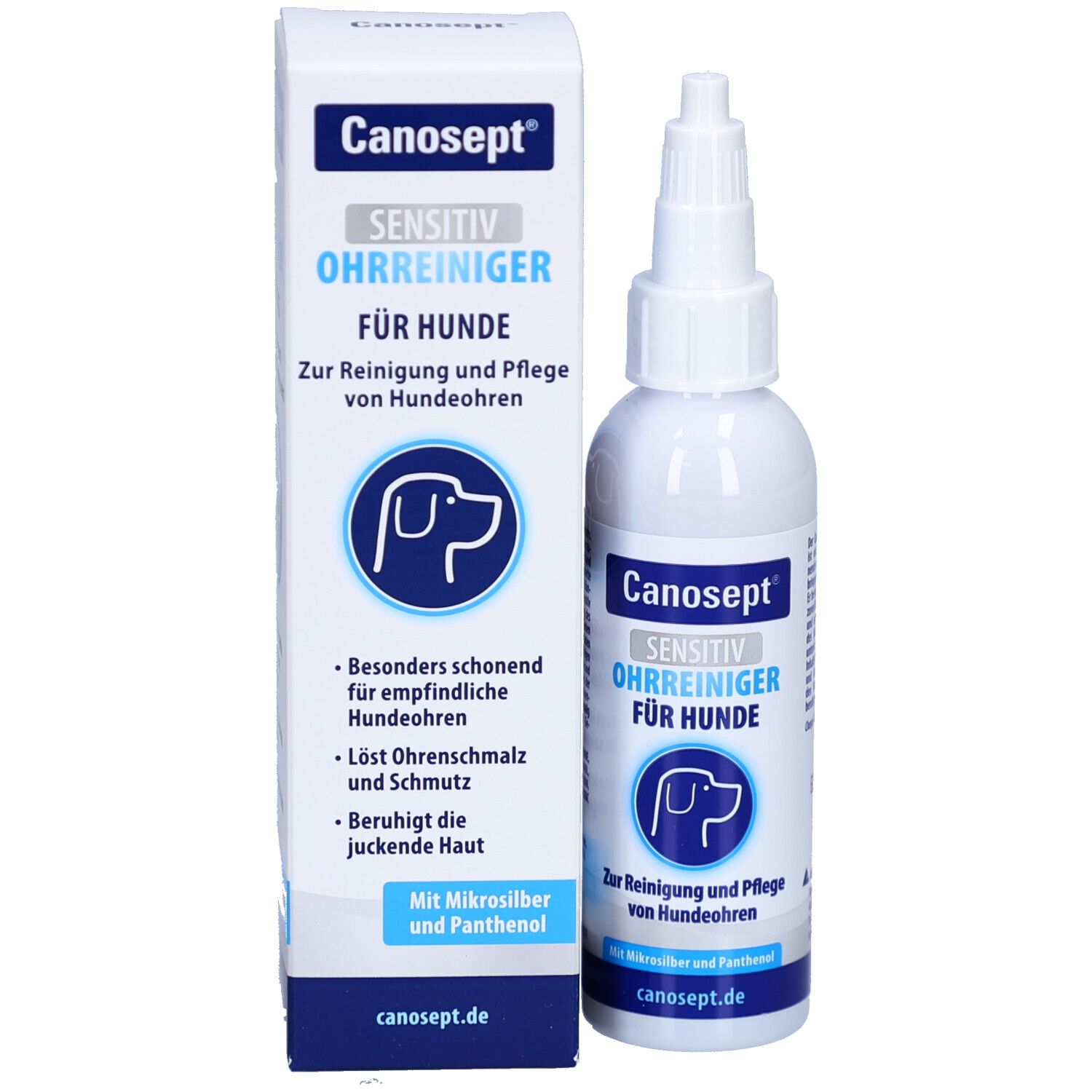 Produktverpackung mit Flasche. Enthält Ohrreiniger für Hunde. Mit Dosierspitze. Enthält Informationen.
