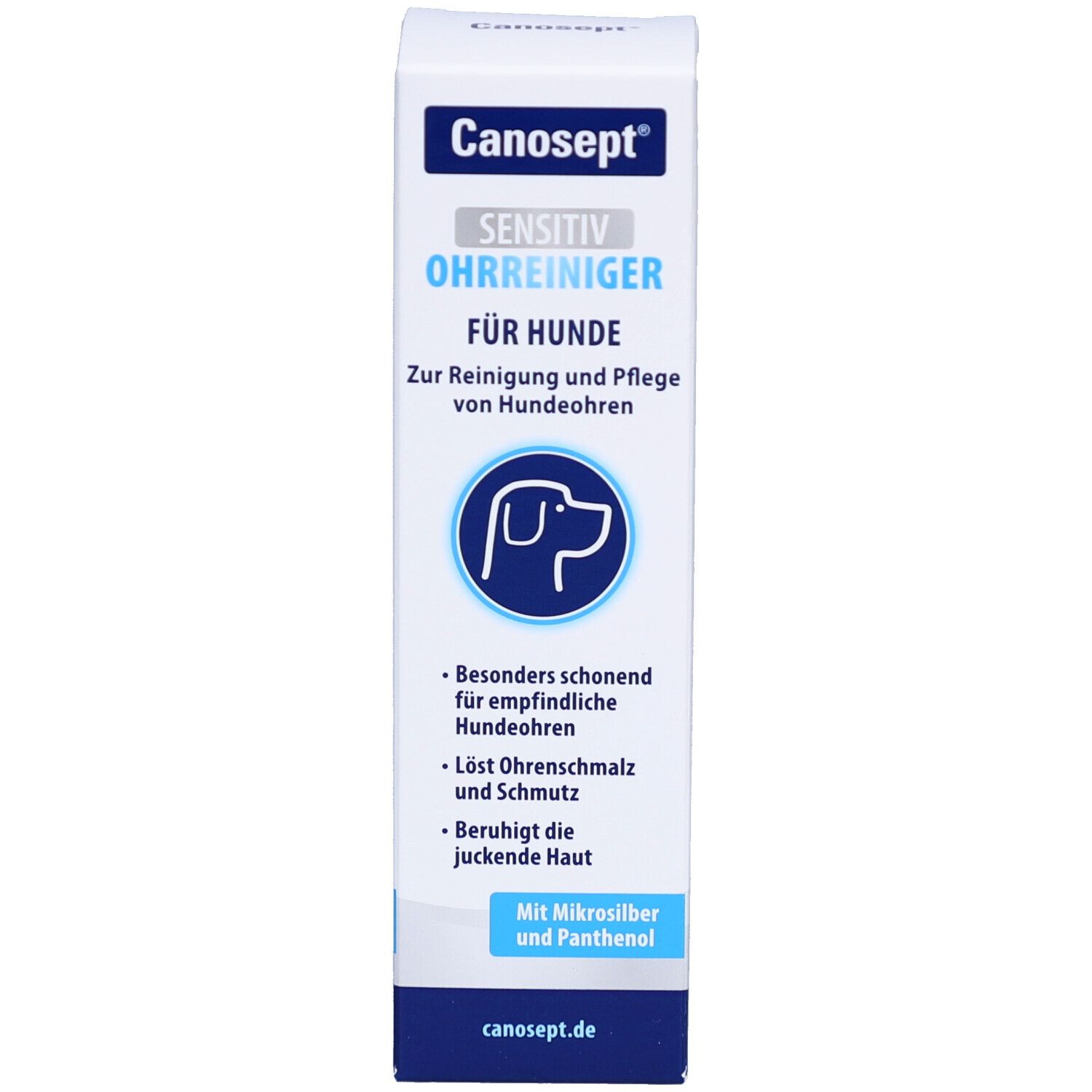 Produktverpackung mit Informationen. Enthält Ohrreiniger für Hunde. Mit Logo und Produktnamen.