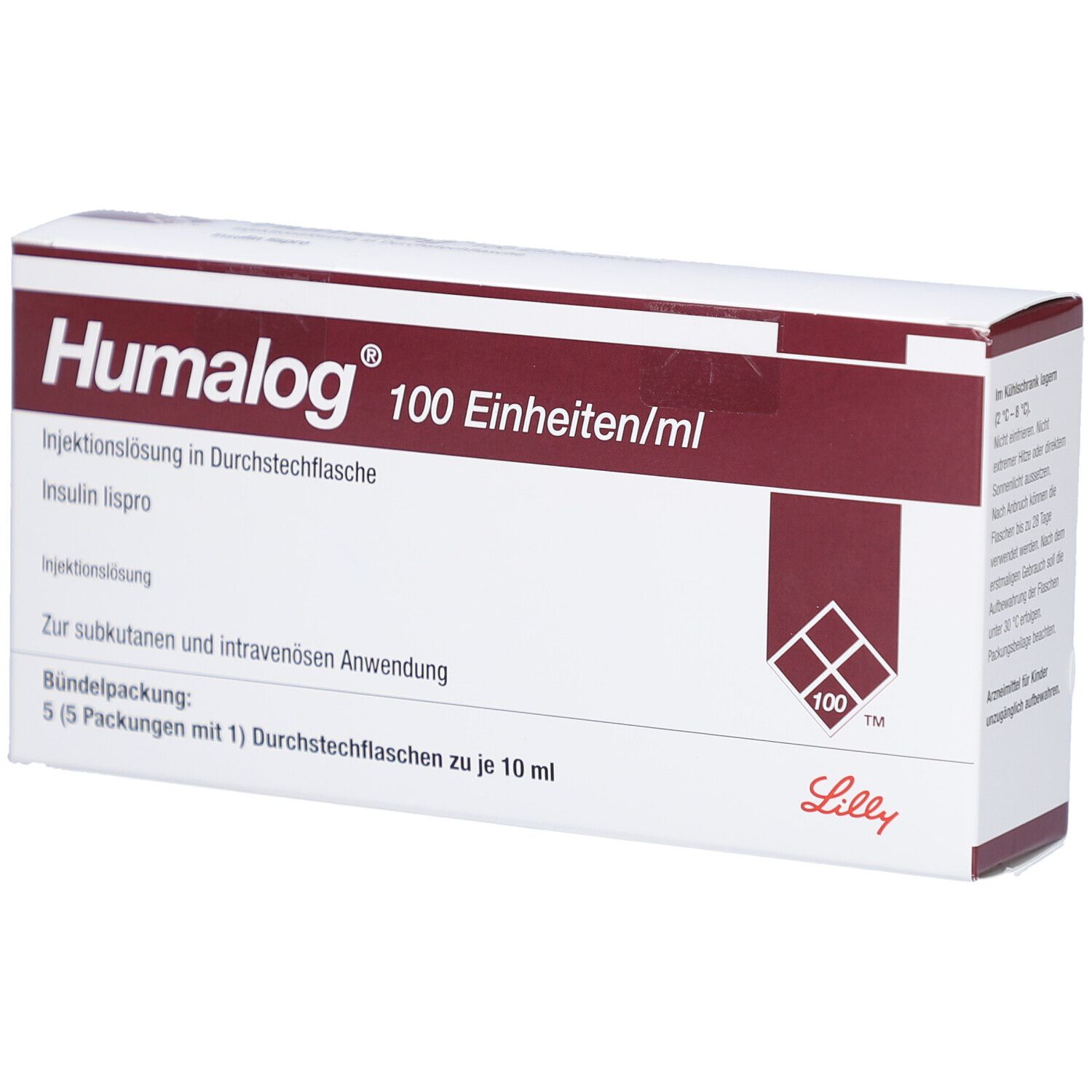 Weiße Verpackung mit Aufschrift Humalog 100 Einheiten/ml. Enthält Injektionslösung. Lilly-Logo. Bündelpackung mit 5 Durchstechflaschen.