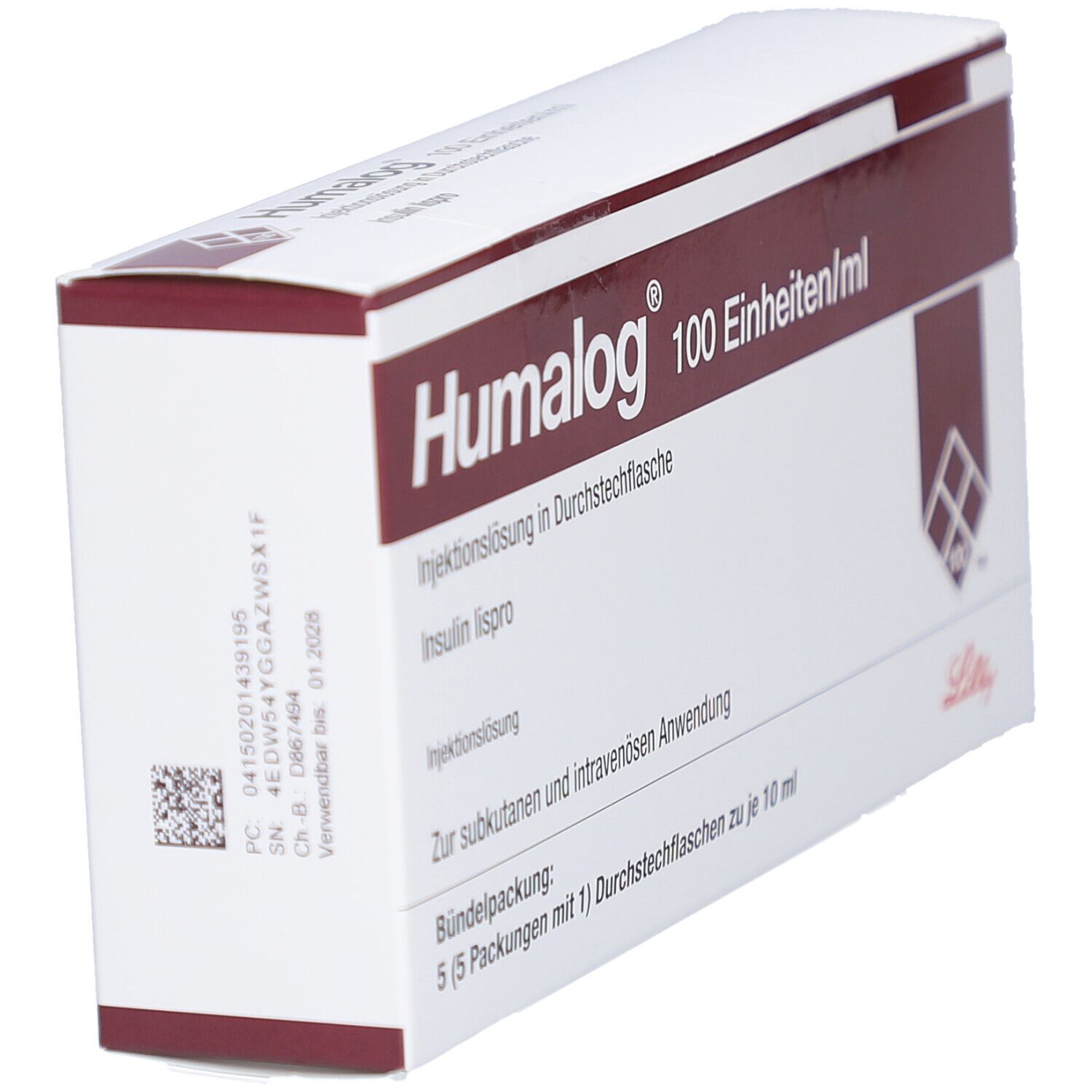 Schräg gestellte weiße Verpackung mit rotem Deckel. Aufschrift Humalog 100 Einheiten/ml. Enthält Injektionslösung. Lilly-Logo.