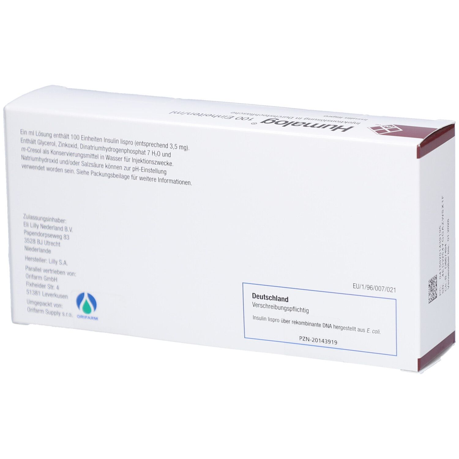 Rückseite der weißen Humalog-Verpackung. Enthält Informationen zu Inhaltsstoffen und Hersteller. Text in deutscher Sprache.