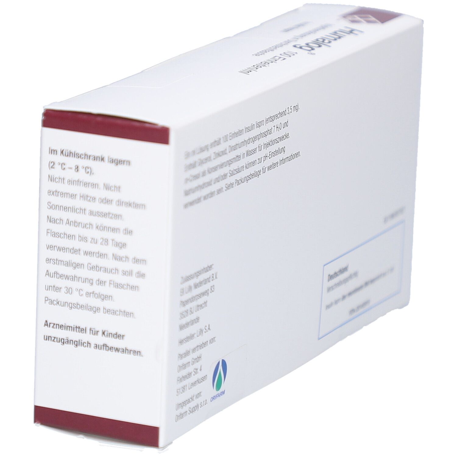 Seitenansicht der Humalog-Verpackung. Enthält Informationen zur Lagerung und Warnhinweise. Text in deutscher Sprache.