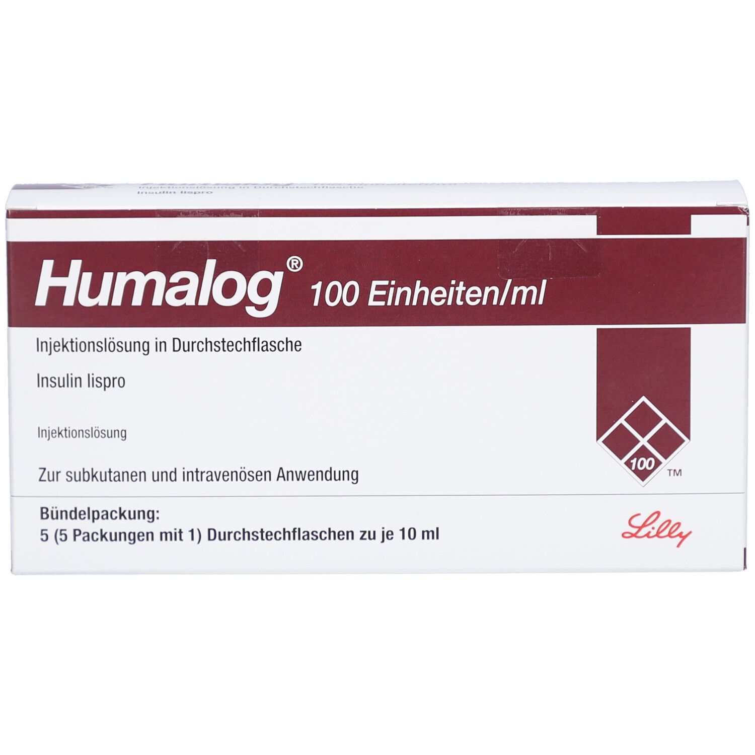 Weiße Humalog-Verpackung mit Aufschrift 100 Einheiten/ml. Enthält Injektionslösung. Lilly-Logo. Bündelpackung mit 5 Durchstechflaschen.
