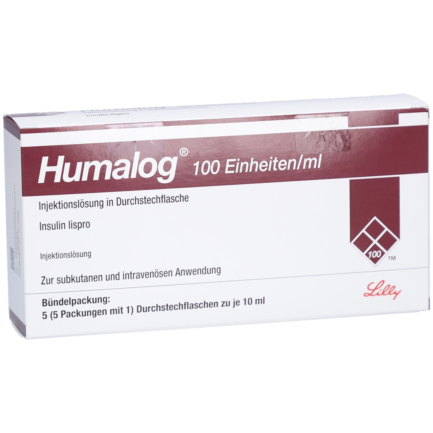 Weiße Humalog-Verpackung mit Aufschrift 100 Einheiten/ml. Enthält Injektionslösung. Lilly-Logo. Bündelpackung mit 5 Durchstechflaschen.