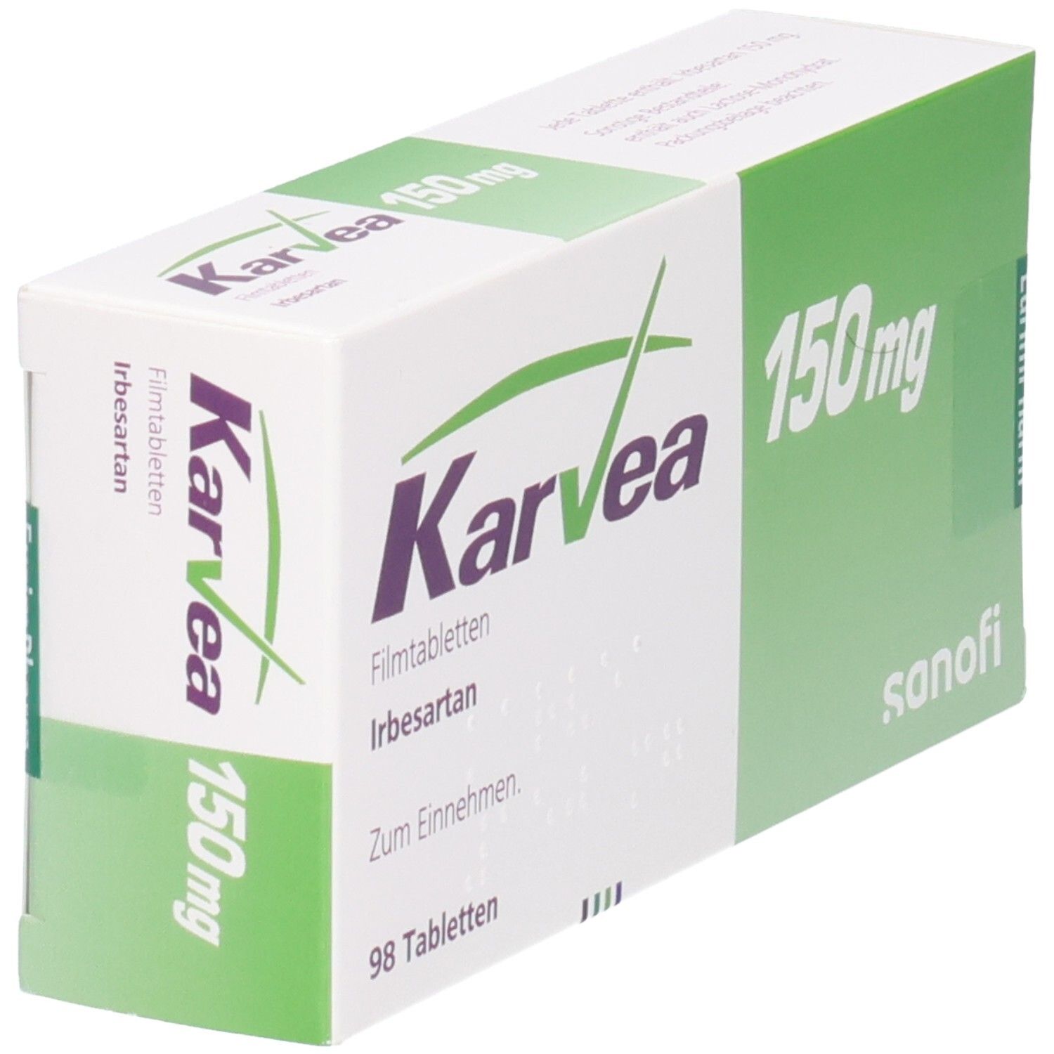 Schachtel KARVEA 150 mg Filmtabletten. Grün-weiße Verpackung. Aufschrift: 150 mg, 98 Tabletten, Irbesartan.