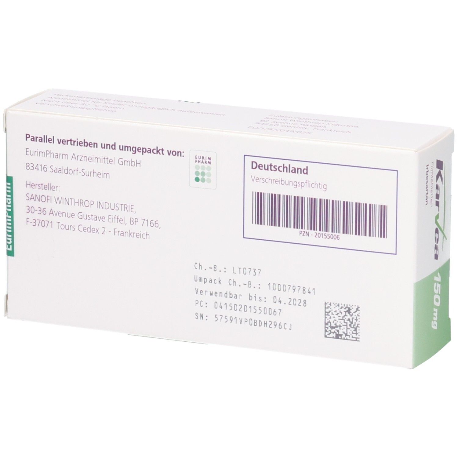 Rückseite der Schachtel KARVEA 150 mg. Text: Hersteller, Chargennummer, Verfallsdatum, PZN-Code, Barcode.