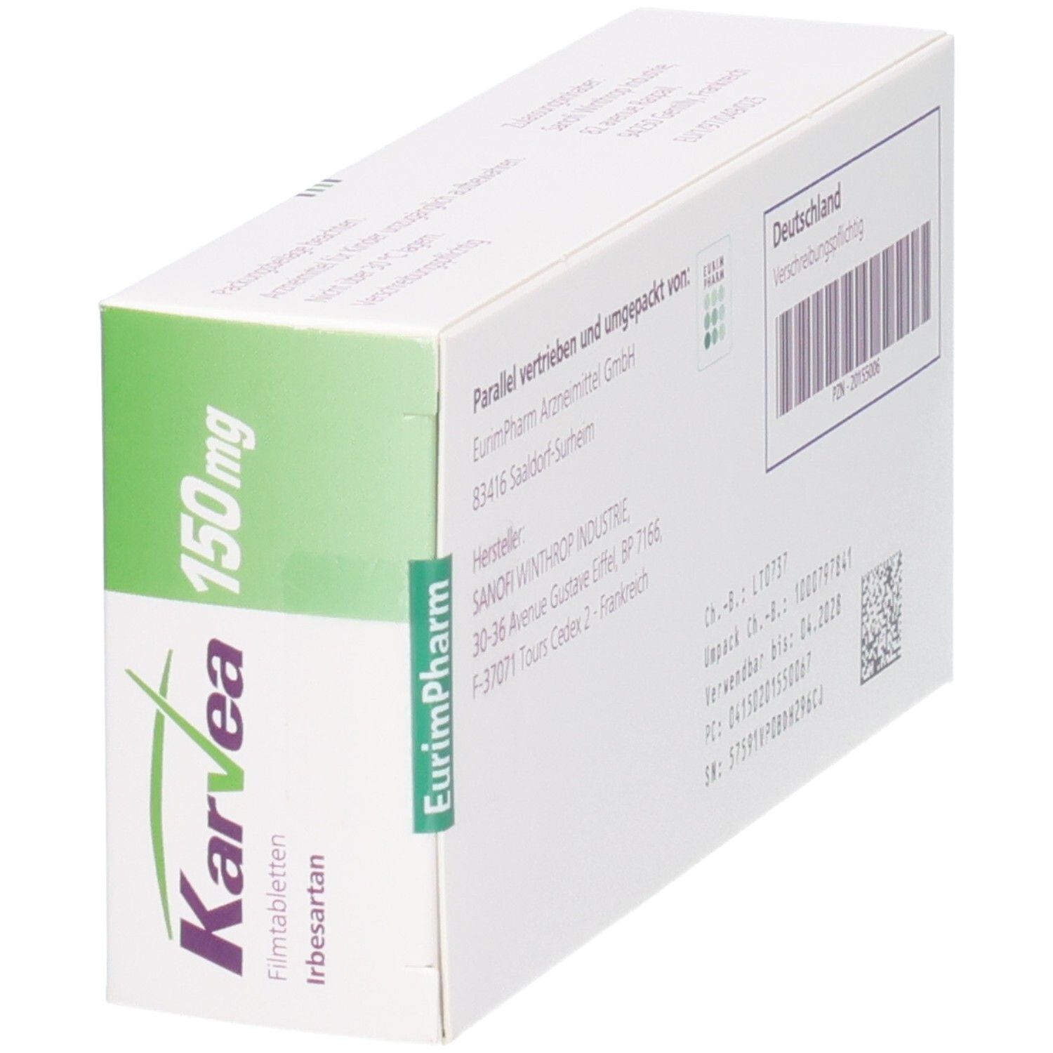 Schachtel KARVEA 150 mg. Rückseite mit Herstellerinformationen, Chargennummer, Verfallsdatum, Barcode.