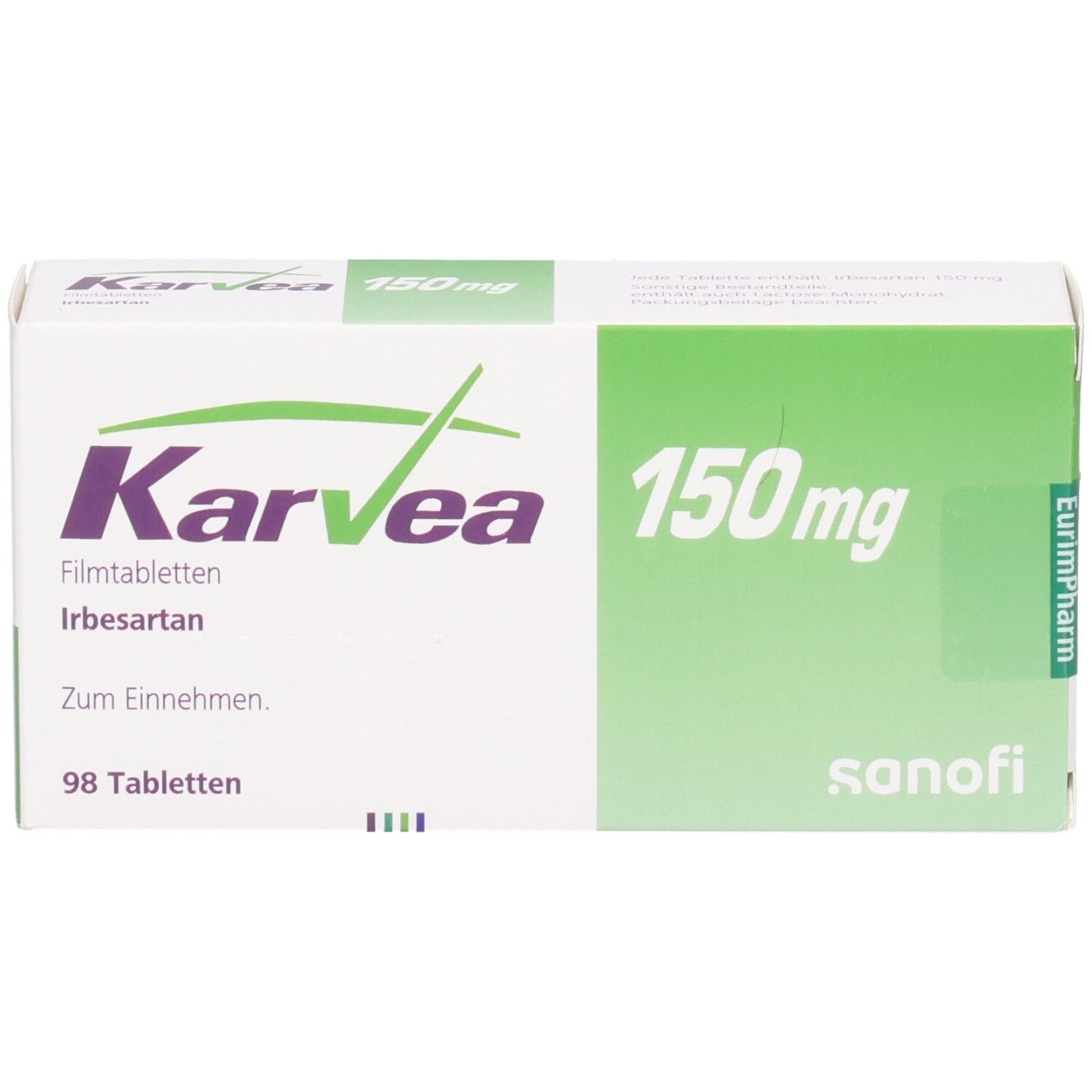 Schachtel KARVEA 150 mg Filmtabletten. Grün-weiße Verpackung. Aufschrift: 150 mg, 98 Tabletten, Irbesartan.