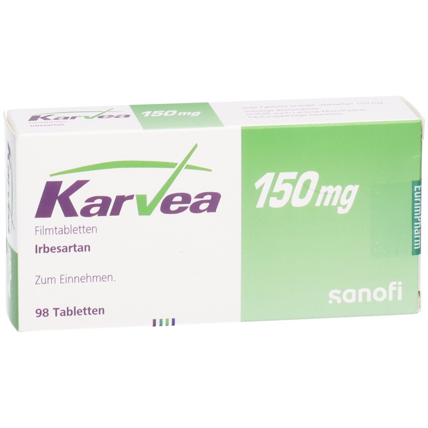 Schachtel KARVEA 150 mg Filmtabletten. Grün-weiße Verpackung. Aufschrift: 150 mg, 98 Tabletten, Irbesartan.