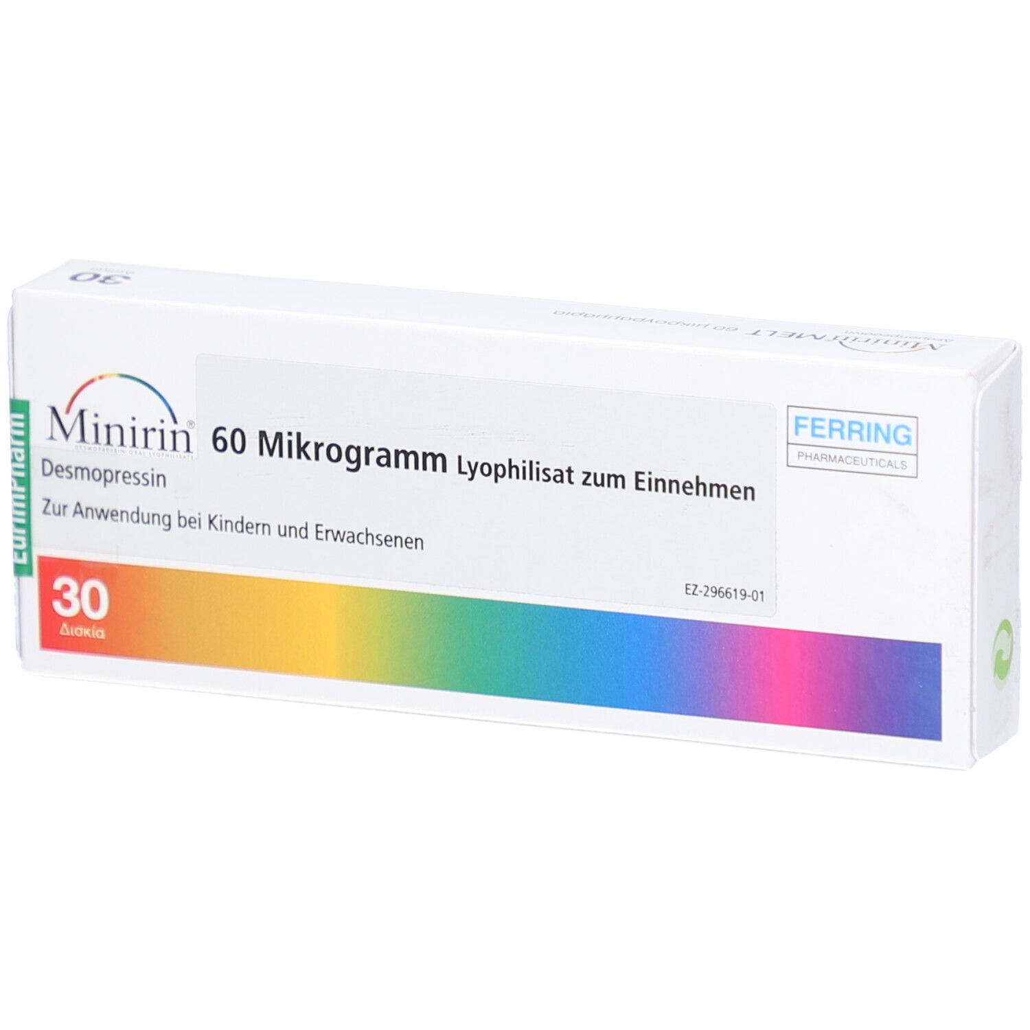 Weiße Schachtel mit Aufschrift Minirin 60 Mikrogramm. Enthält 30 Tabletten. Regenbogenfarbener Streifen.