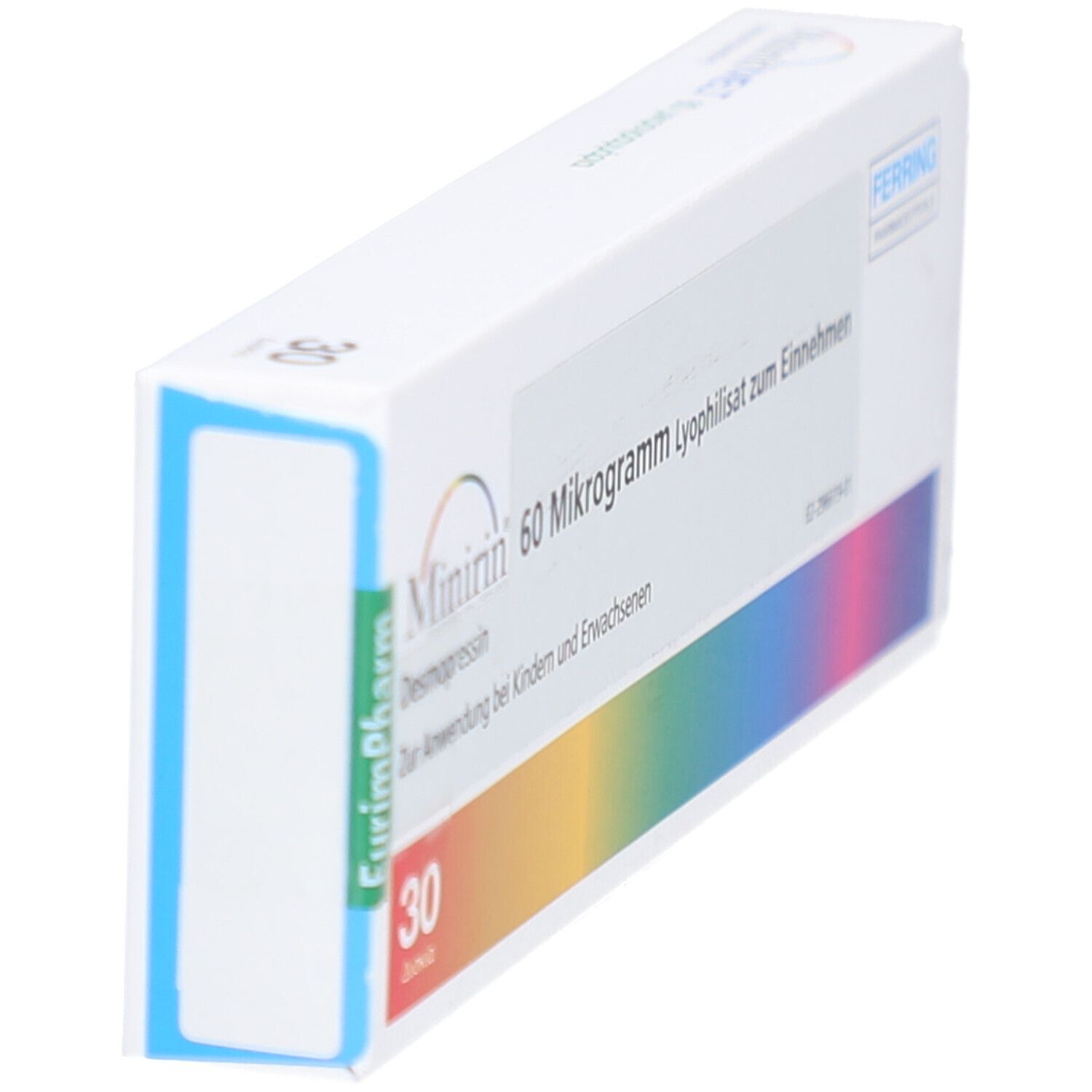 Schachtel Minirin 60 Mikrogramm, schräg. Weiße Verpackung mit blauer und grüner Markierung. Regenbogenstreifen.