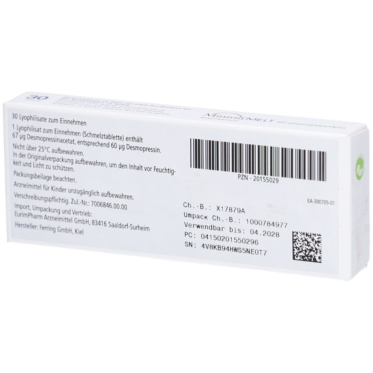 Rückseite der Minirin-Schachtel. Text mit Inhaltsangaben, Chargennummer, Verfallsdatum und Barcode.