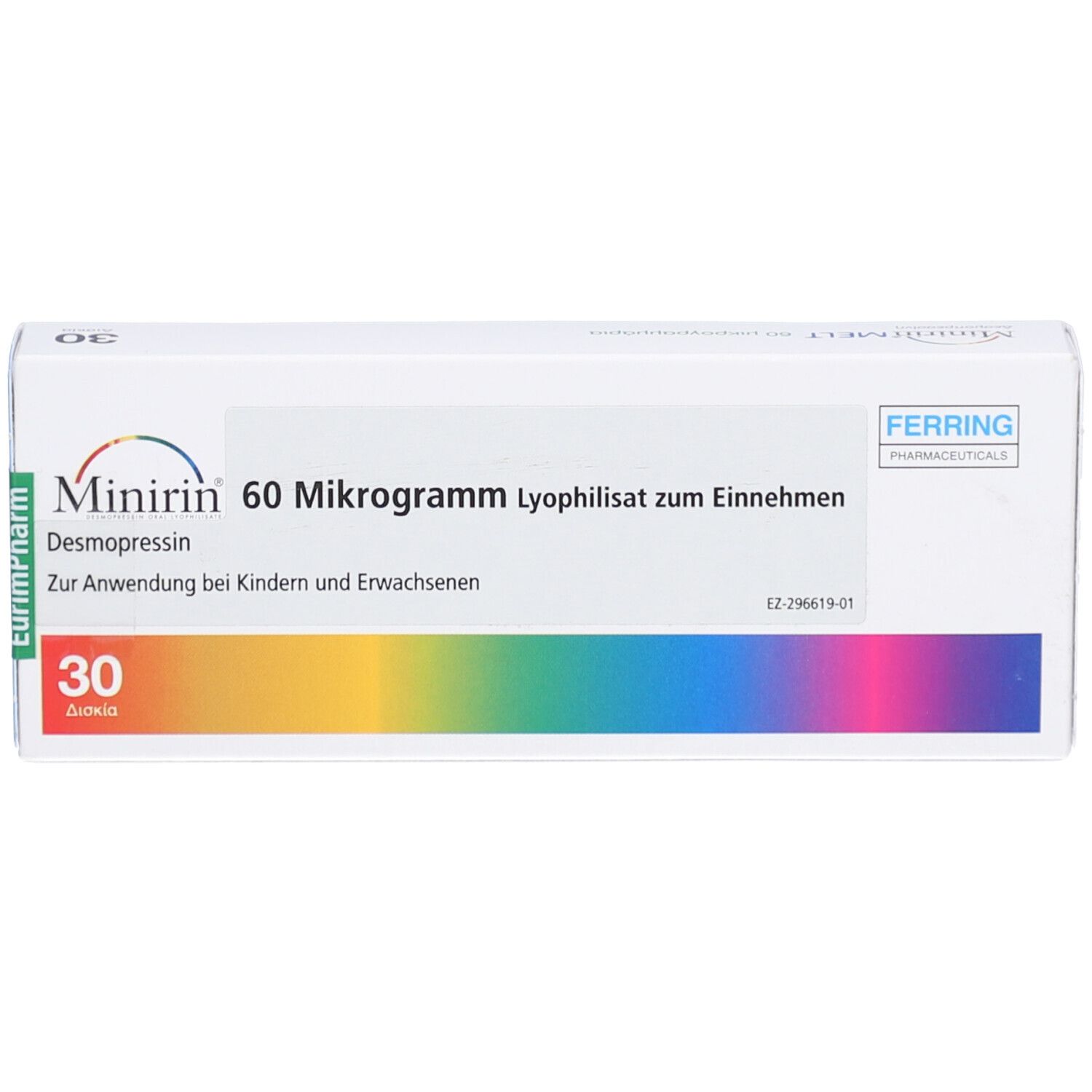 Weiße Schachtel mit Aufschrift Minirin 60 Mikrogramm. Enthält 30 Tabletten. Regenbogenfarbener Streifen.