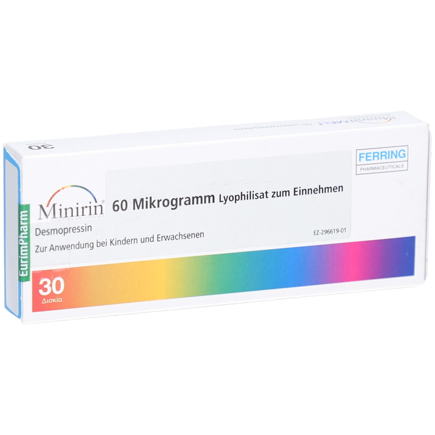 Weiße Schachtel mit Aufschrift Minirin 60 Mikrogramm. Enthält 30 Tabletten. Regenbogenfarbener Streifen.