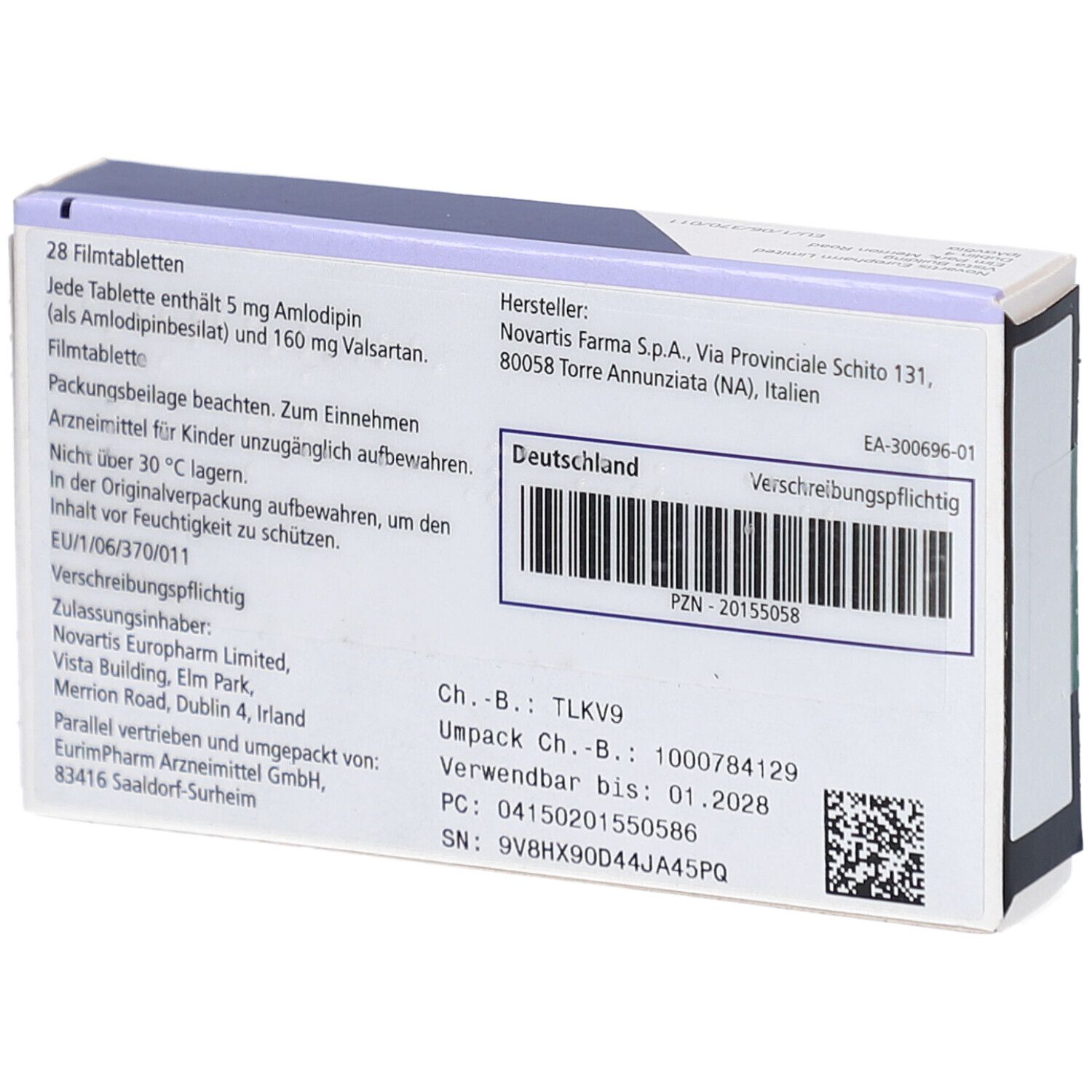 Rückseite der Schachtel mit Informationen. Text: 28 Filmtabletten, Hersteller, Verfallsdatum, Chargennummer, PZN-Nummer.