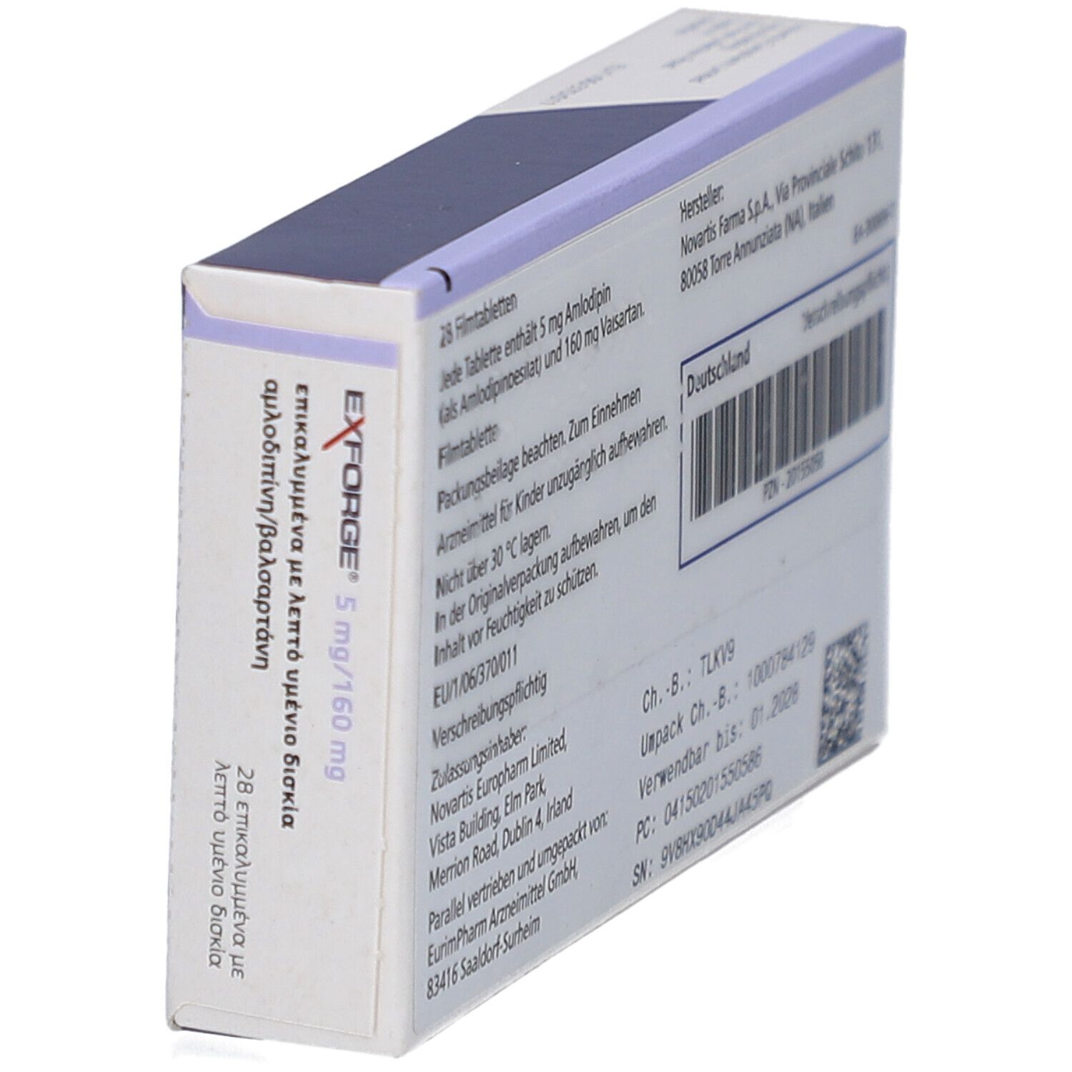 Schachtel EXFORGE 5 mg/160 mg. Aufschrift: EXFORGE, 5 mg/160 mg. Informationen und Herstellerangaben.