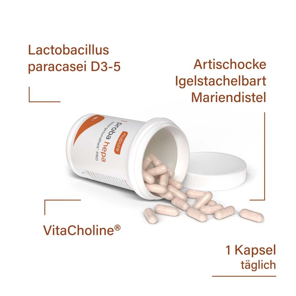 Nupure Proba Hepa Lebergesundheit PRO – 5-in-1 Nahrungsergänzung für die Leber mit Cholin, Artischocke, Mariendistel, Igelstachelbart & Lactobacillus paracasei D3-5