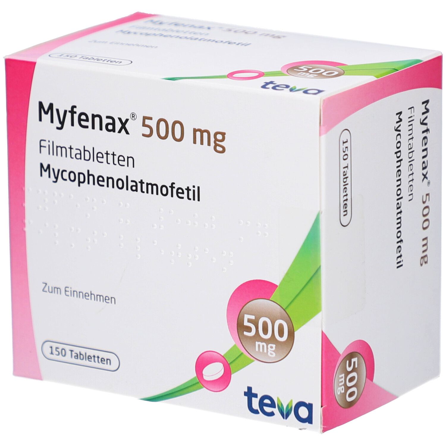 Schachtel mit MYFENAX 500 mg Filmtabletten. Teva-Logo. 150 Tabletten. Rosa und grüne Akzente.