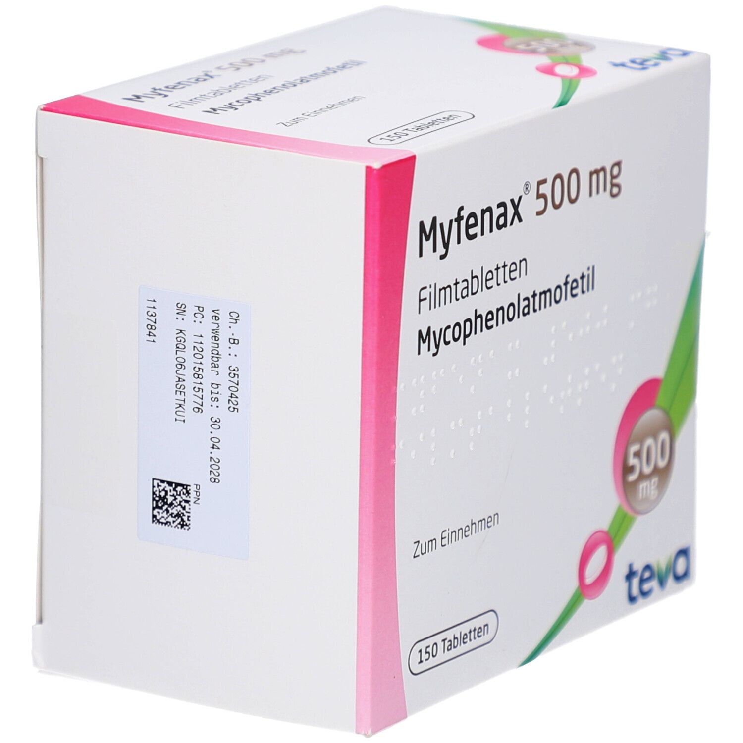 Schachtel MYFENAX 500 mg Filmtabletten. Teva-Logo. 150 Tabletten. Rosa und grüne Akzente. QR-Code und Chargennummer.