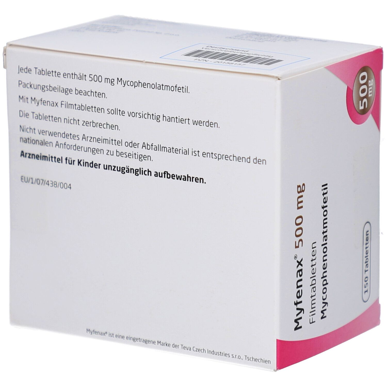 Rückseite der Schachtel MYFENAX 500 mg Filmtabletten. Textinformationen. 150 Tabletten. EU-Zulassungsnummer.