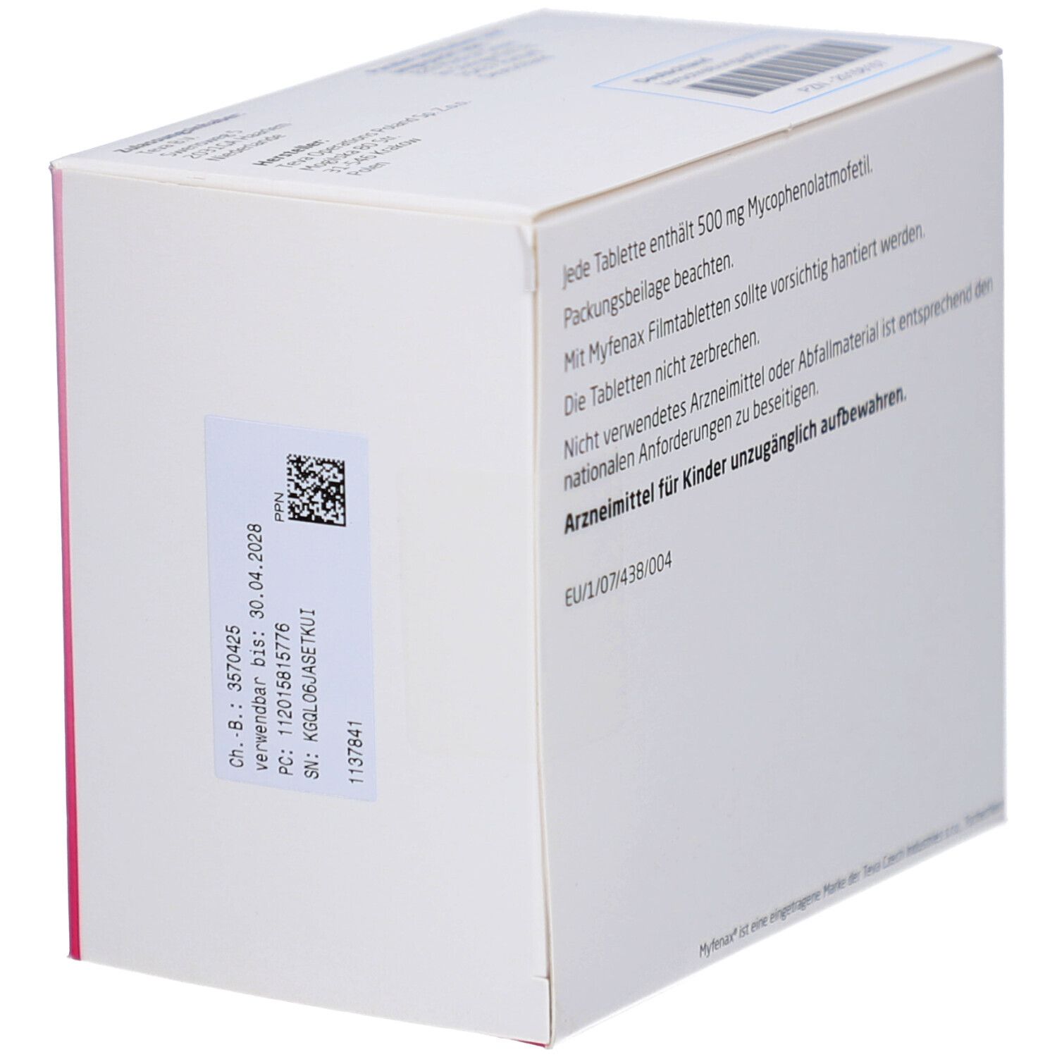 Rückseite der Schachtel MYFENAX 500 mg Filmtabletten. Textinformationen. QR-Code und Chargennummer. EU-Zulassungsnummer.