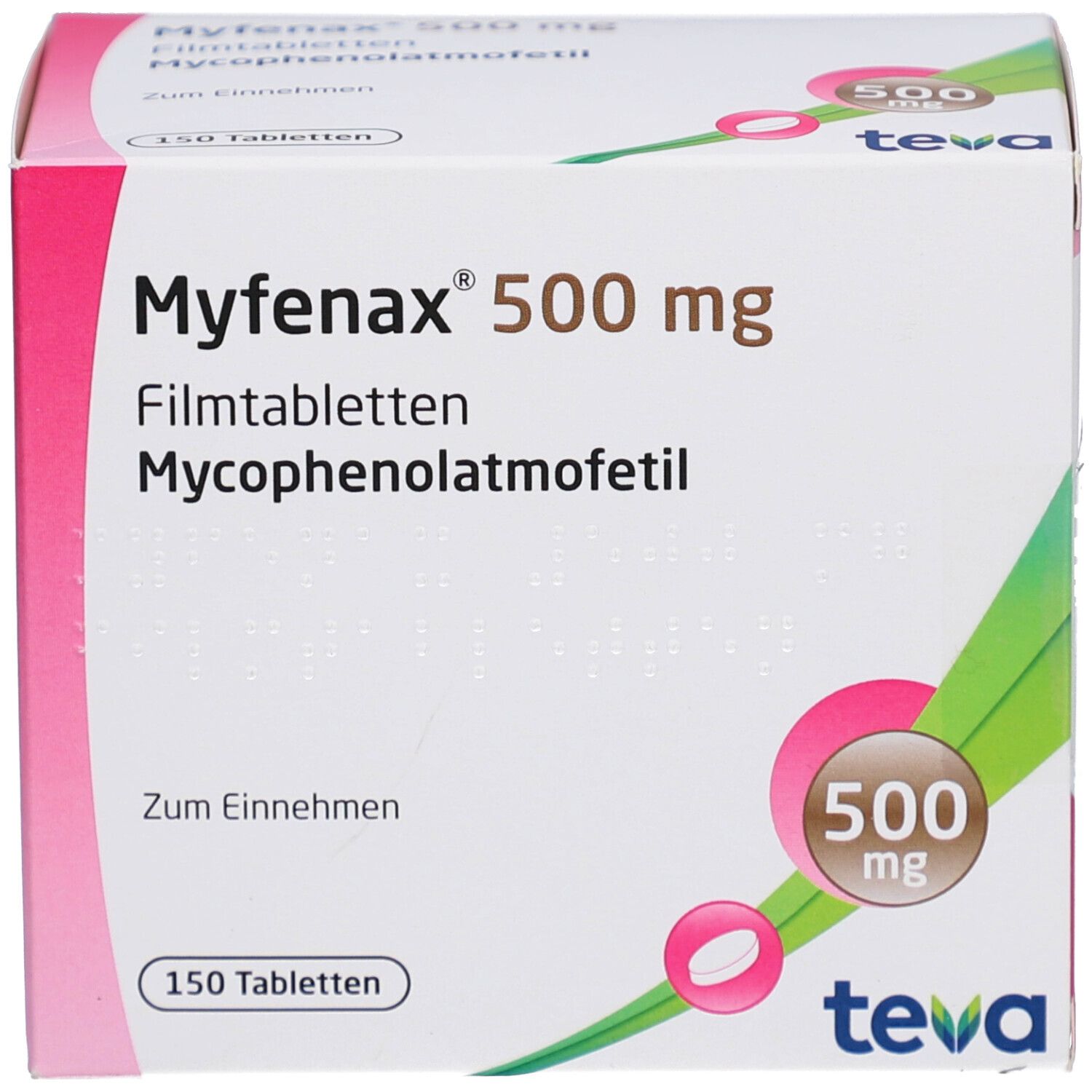 Schachtel MYFENAX 500 mg Filmtabletten. Teva-Logo. 150 Tabletten. Rosa und grüne Akzente. 500 mg-Kennzeichnung.