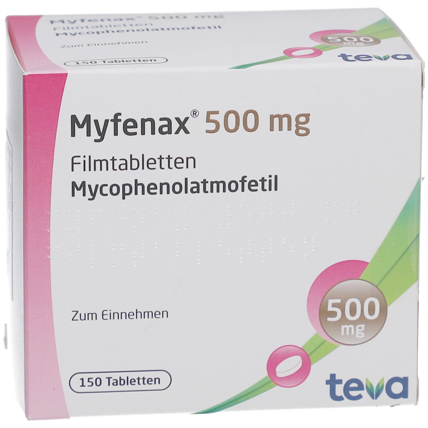 Schachtel MYFENAX 500 mg Filmtabletten. Teva-Logo. 150 Tabletten. Rosa und grüne Akzente. 500 mg-Kennzeichnung.