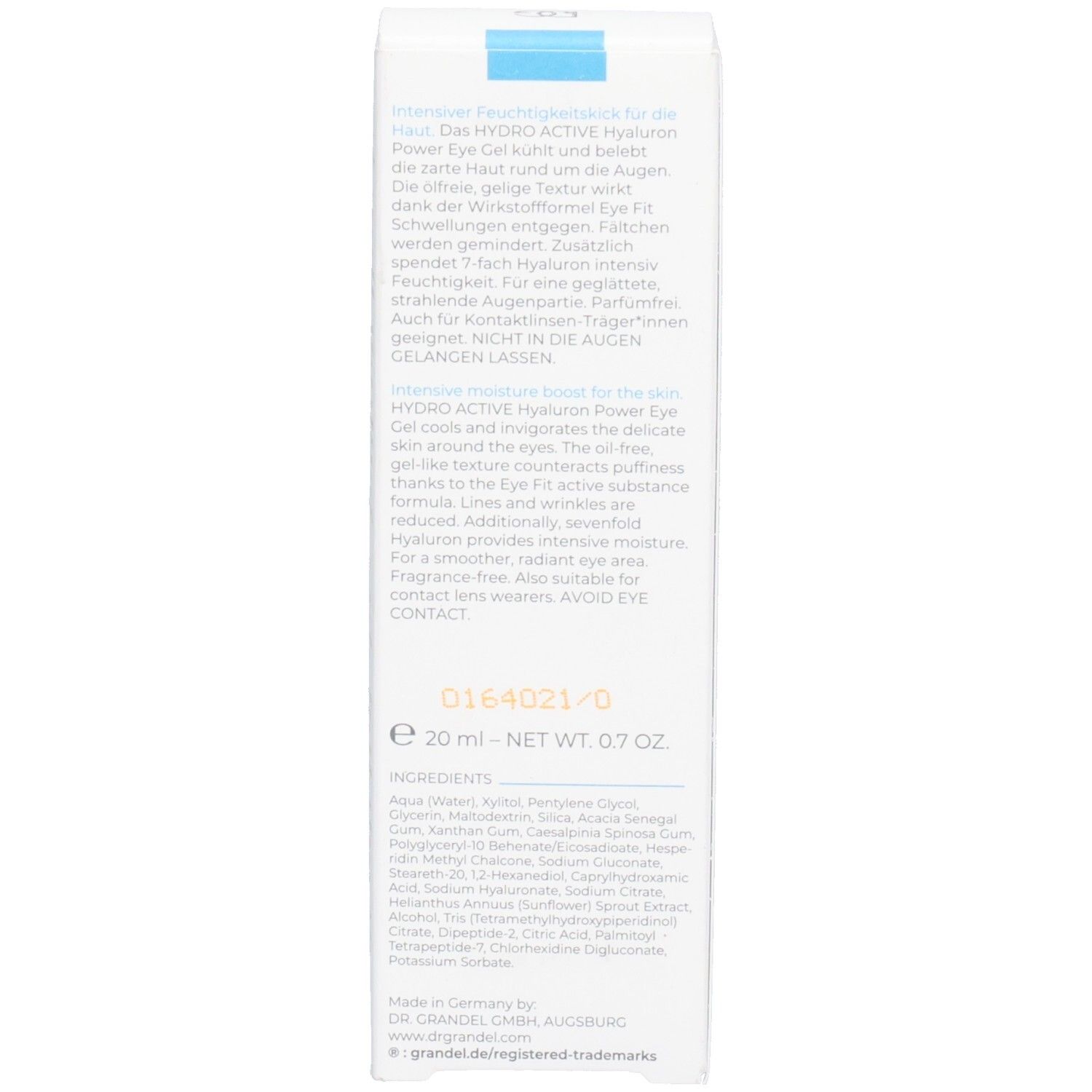 Seite der Faltschachtel Dr. Grandel Hydro Active Hyaluron Power Eye Gel mit Inhaltsstoffen.
