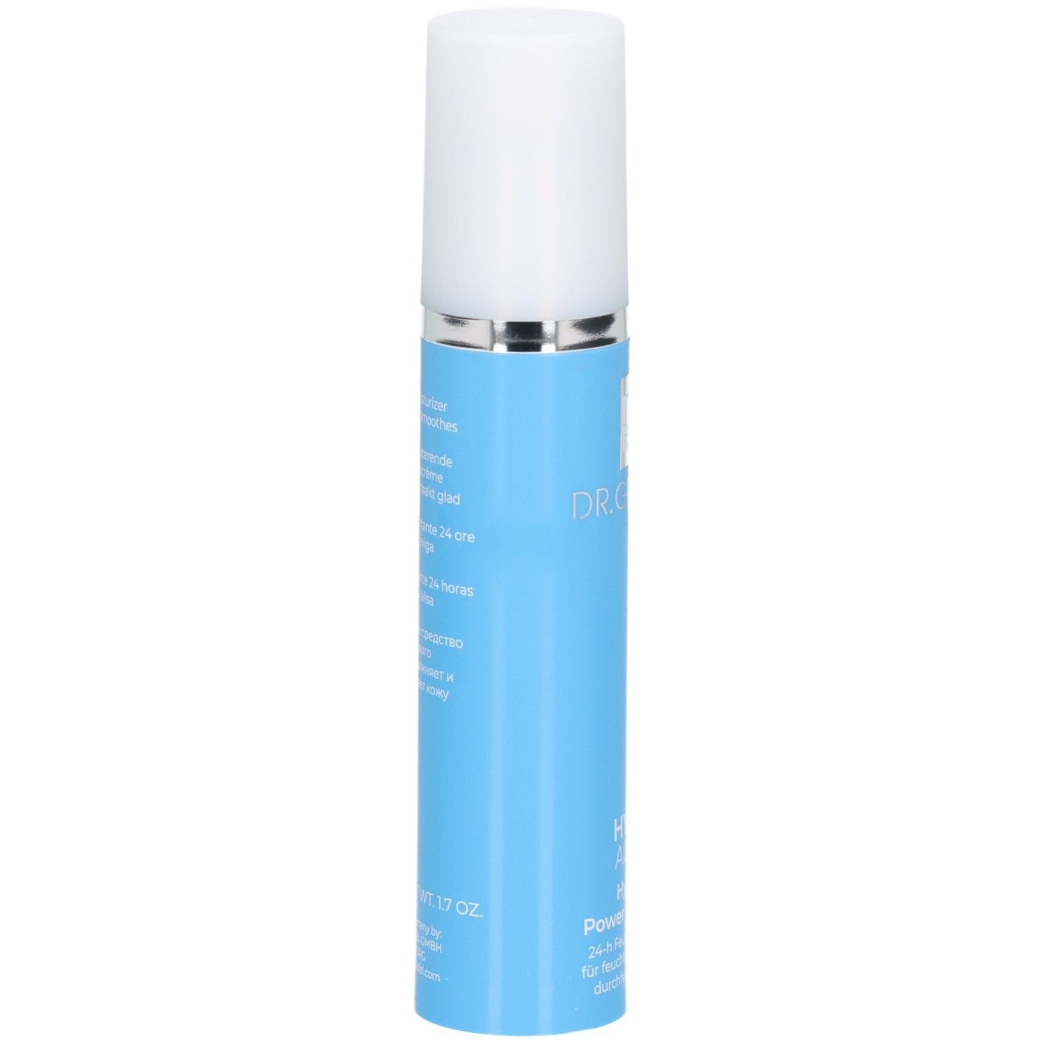 Dr. Grandel Hydro Active Hyaluron Power Moisturizer, Seitenansicht eines blauen Spenders mit weißem Deckel.
