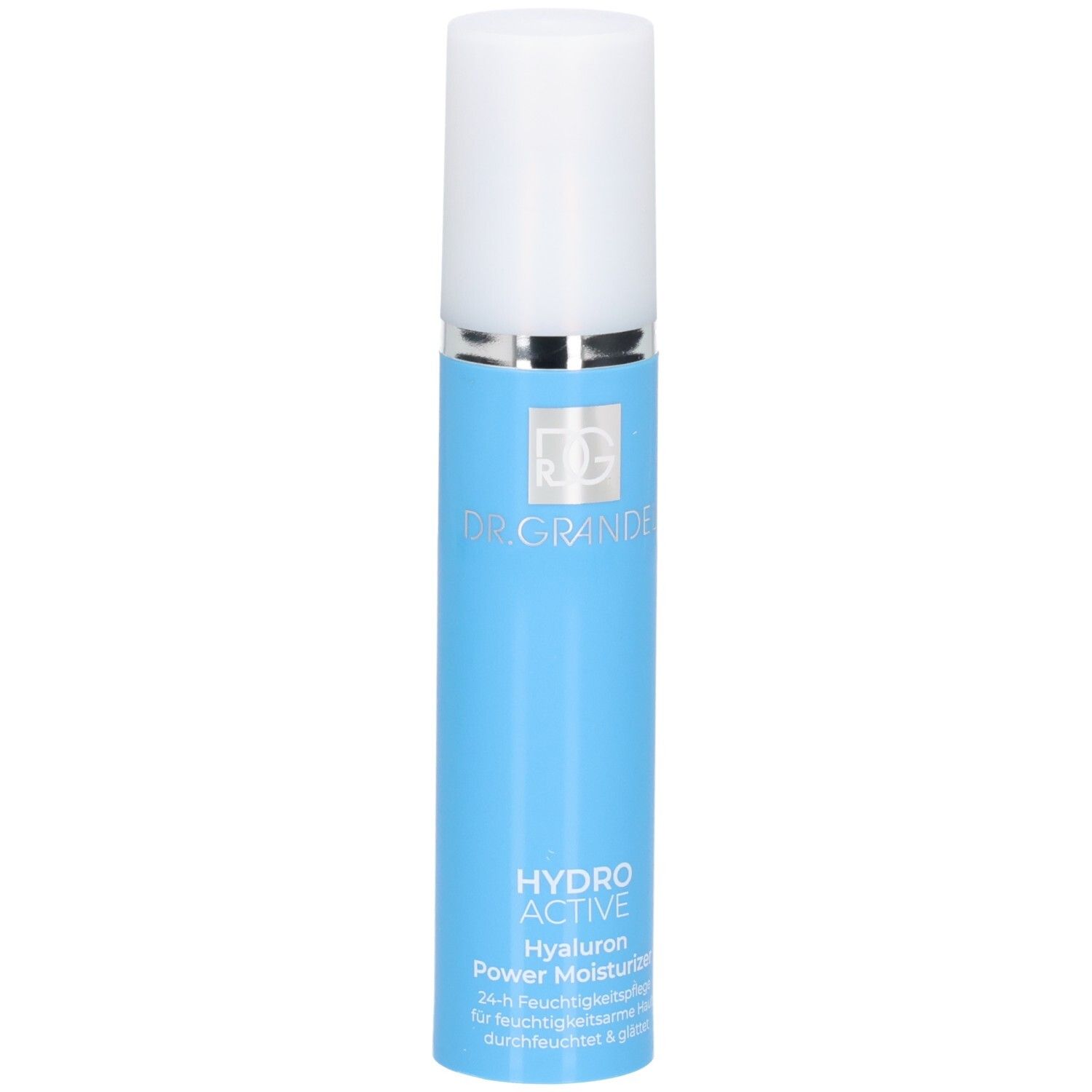 Dr. Grandel Hydro Active Hyaluron Power Moisturizer in blauem Spender mit weißem Deckel.