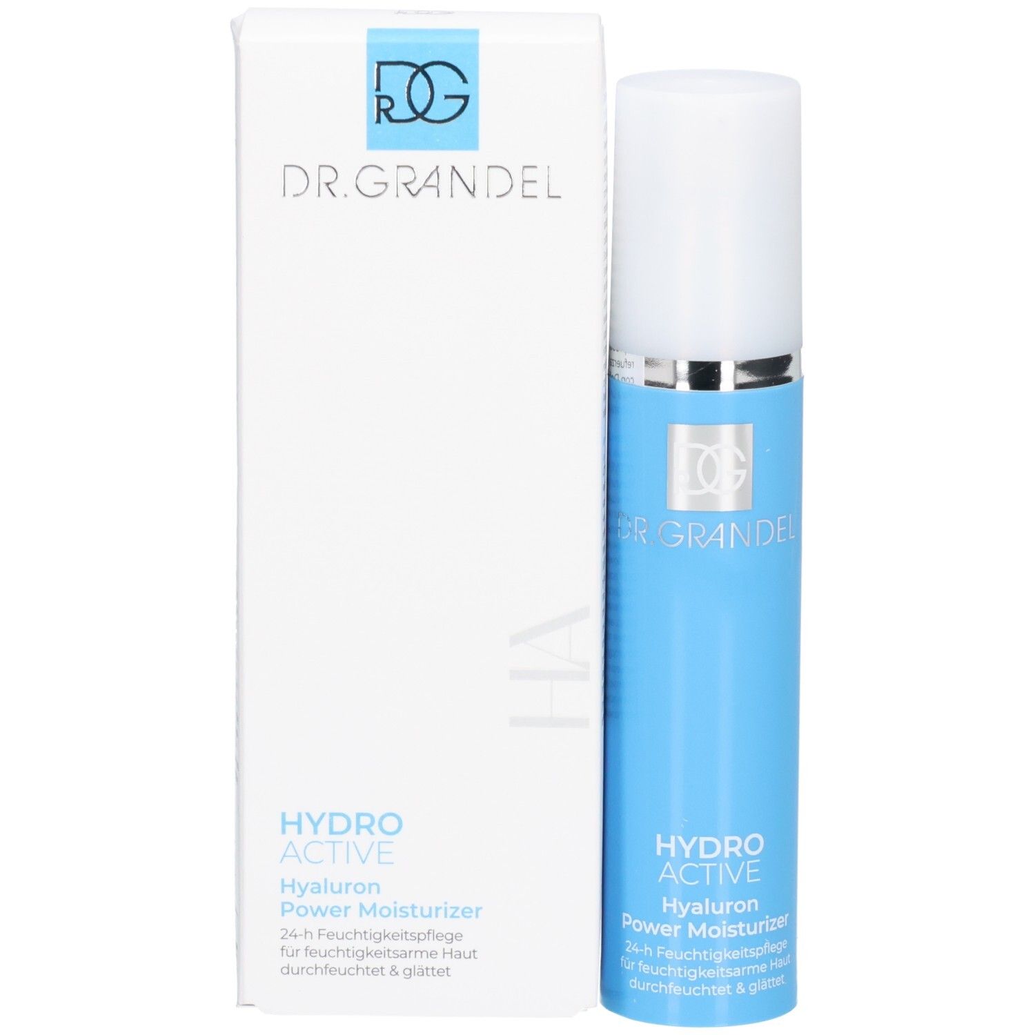 Dr. Grandel Hydro Active Hyaluron Power Moisturizer und Verpackung, blauer Spender mit weißem Deckel.