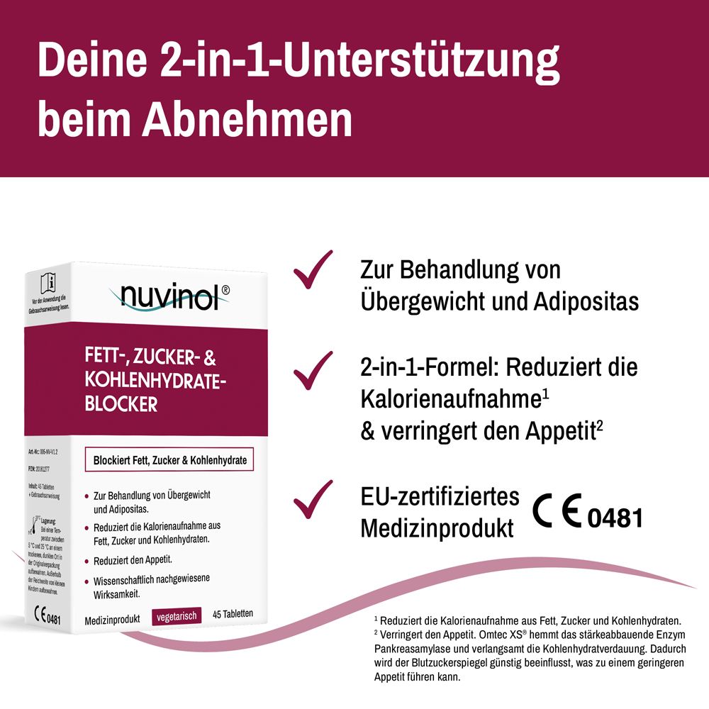 Weiße Tablettenbox mit rotem Akzent. Text: nuvinol Fett-, Zucker- & Kohlenhydrateblocker. EU-zertifiziertes Medizinprodukt.