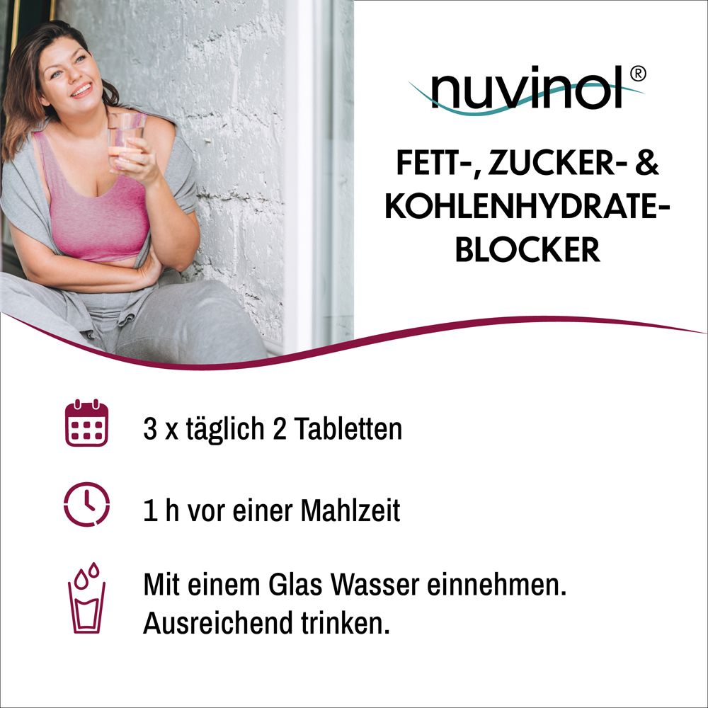 Frau trinkt Wasser. Text: nuvinol Fett-, Zucker- & Kohlenhydrateblocker. Einnahme: 2 Tabletten, 1 h vor Mahlzeit, mit Wasser.