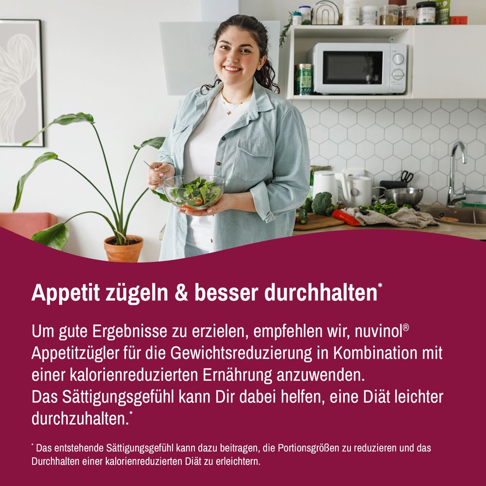 Frau in Küche. Aufschrift: Appetit zügeln & besser durchhalten. Empfehlung: nuvinol Appetitzügler in Kombination mit Diät.