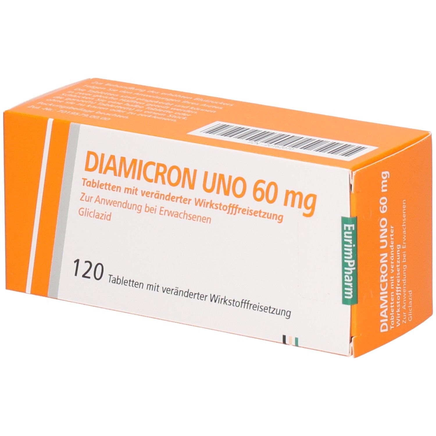 Orangefarbene Schachtel mit der Aufschrift DIAMICRON UNO 60 mg. Enthält 120 Tabletten. EurimPharm-Logo.