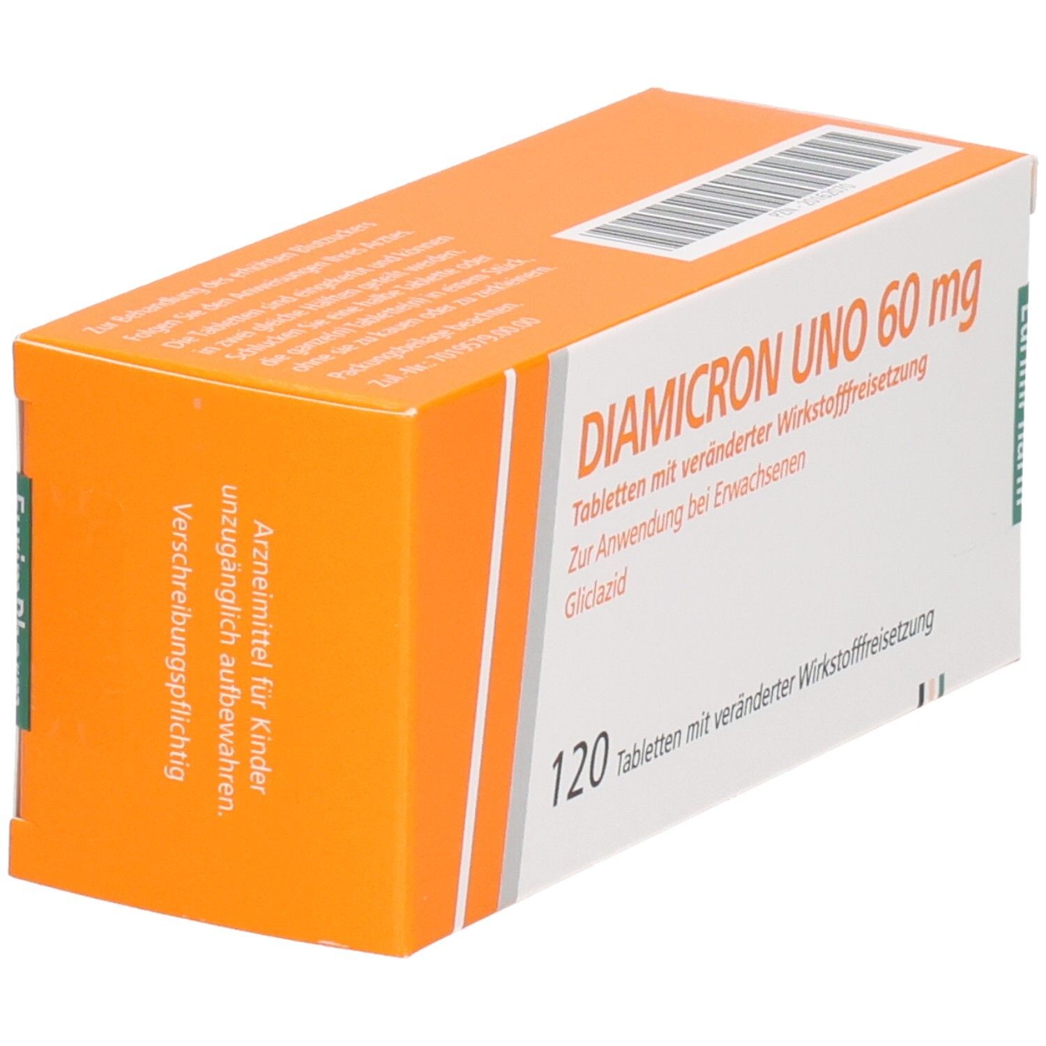 Orangefarbene Schachtel mit DIAMICRON UNO 60 mg. Enthält 120 Tabletten. Text: Arzneimittel für Kinder unzugänglich aufbewahren.