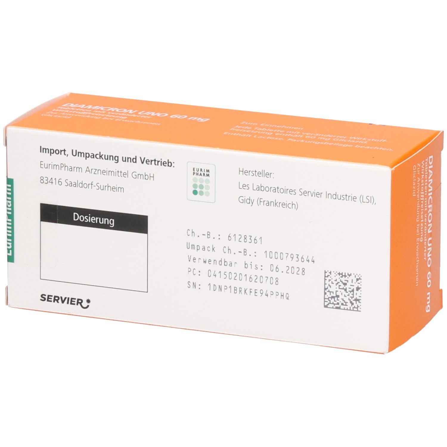 Rückseite der Schachtel mit DIAMICRON UNO 60 mg. Enthält Informationen zu Hersteller, Importeur und Chargennummer.
