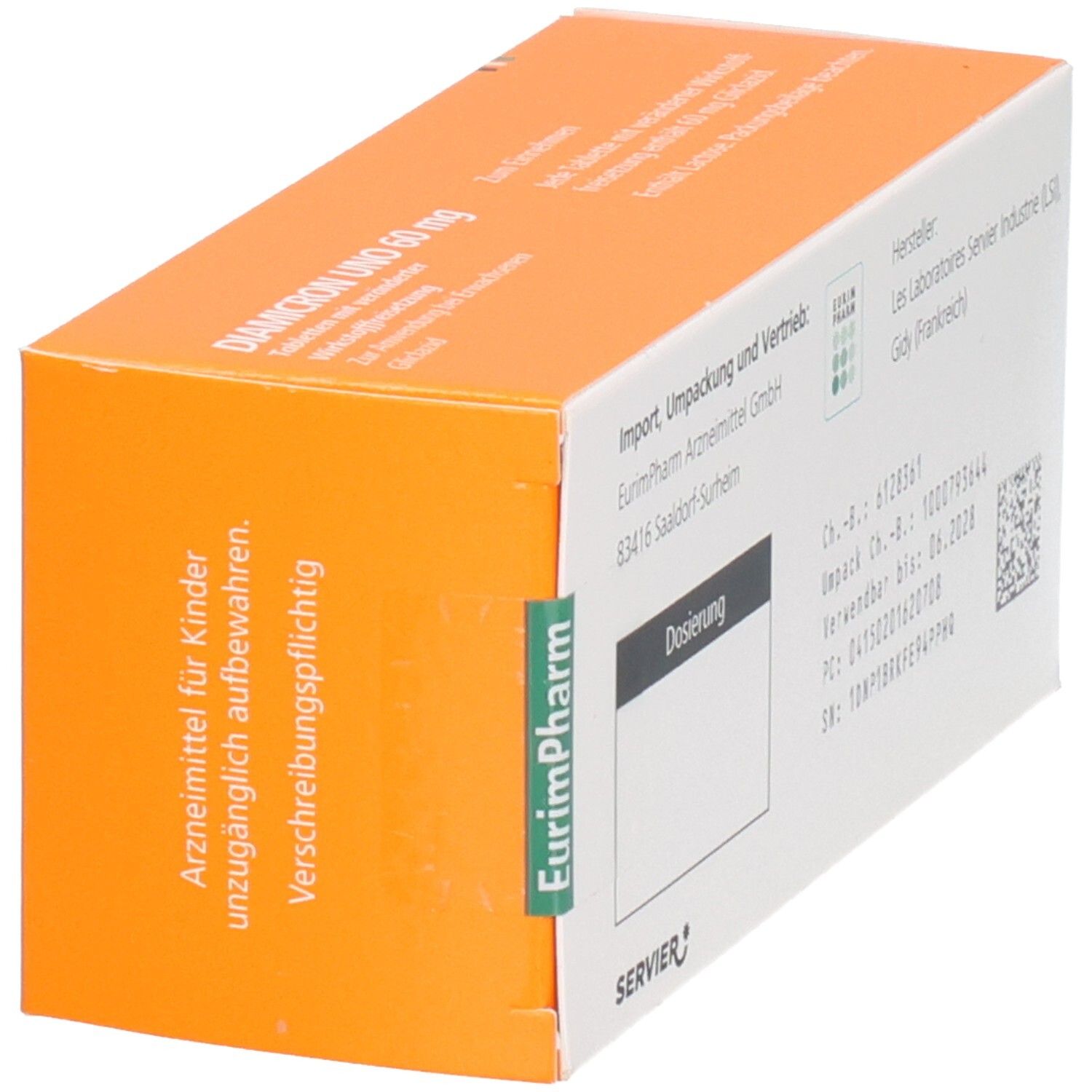 Schachtel mit DIAMICRON UNO 60 mg. Text: Arzneimittel für Kinder unzugänglich aufbewahren. EurimPharm-Logo.