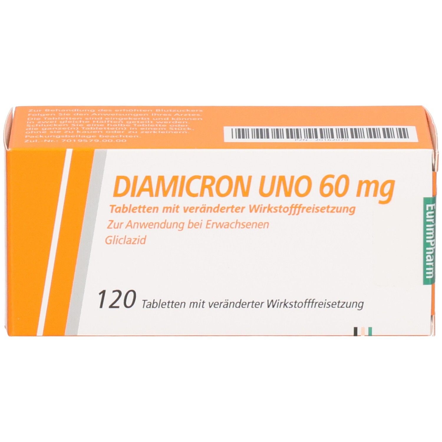 Orangefarbene Schachtel mit DIAMICRON UNO 60 mg. Enthält 120 Tabletten. EurimPharm-Logo.