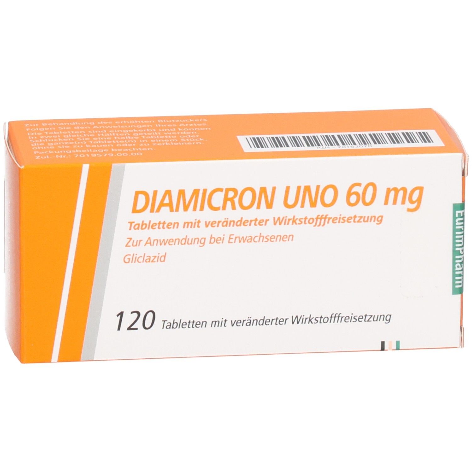 Orangefarbene Schachtel mit DIAMICRON UNO 60 mg. Enthält 120 Tabletten. EurimPharm-Logo.