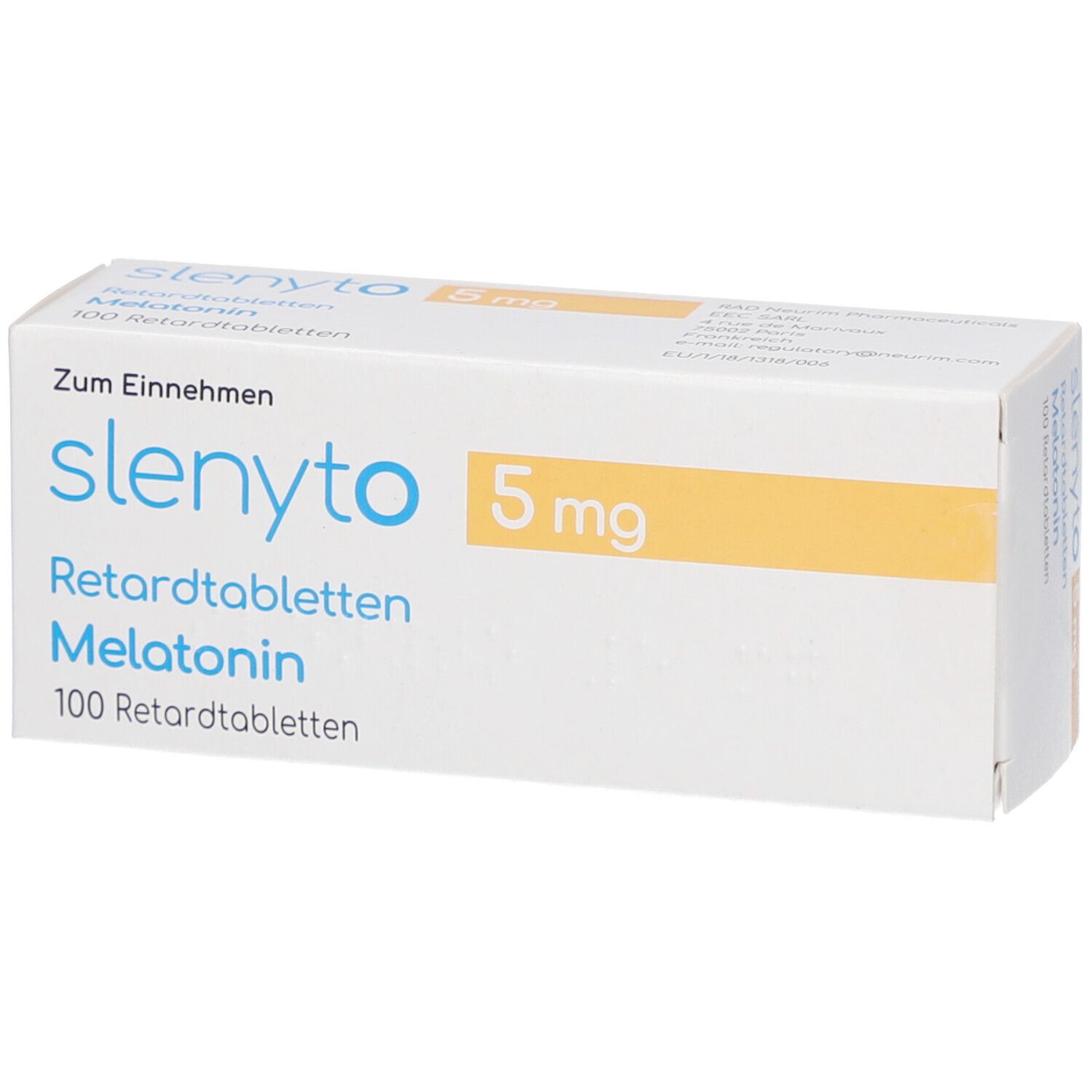 Schachtel mit SLENYTO 5 mg Retardtabletten. Blaue Schrift, gelbes Feld. 100 Retardtabletten. Zum Einnehmen.