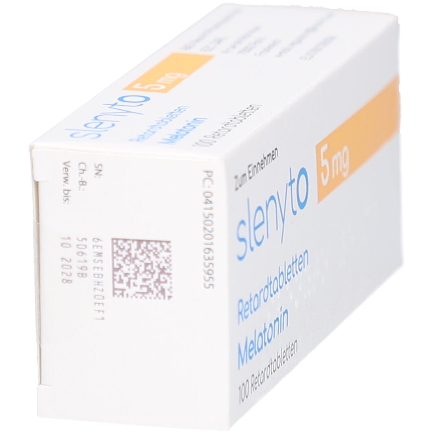 Schachtel SLENYTO 5 mg Retardtabletten. Seitenansicht. Code und Verfallsdatum. Blaue Schrift, gelbes Feld.